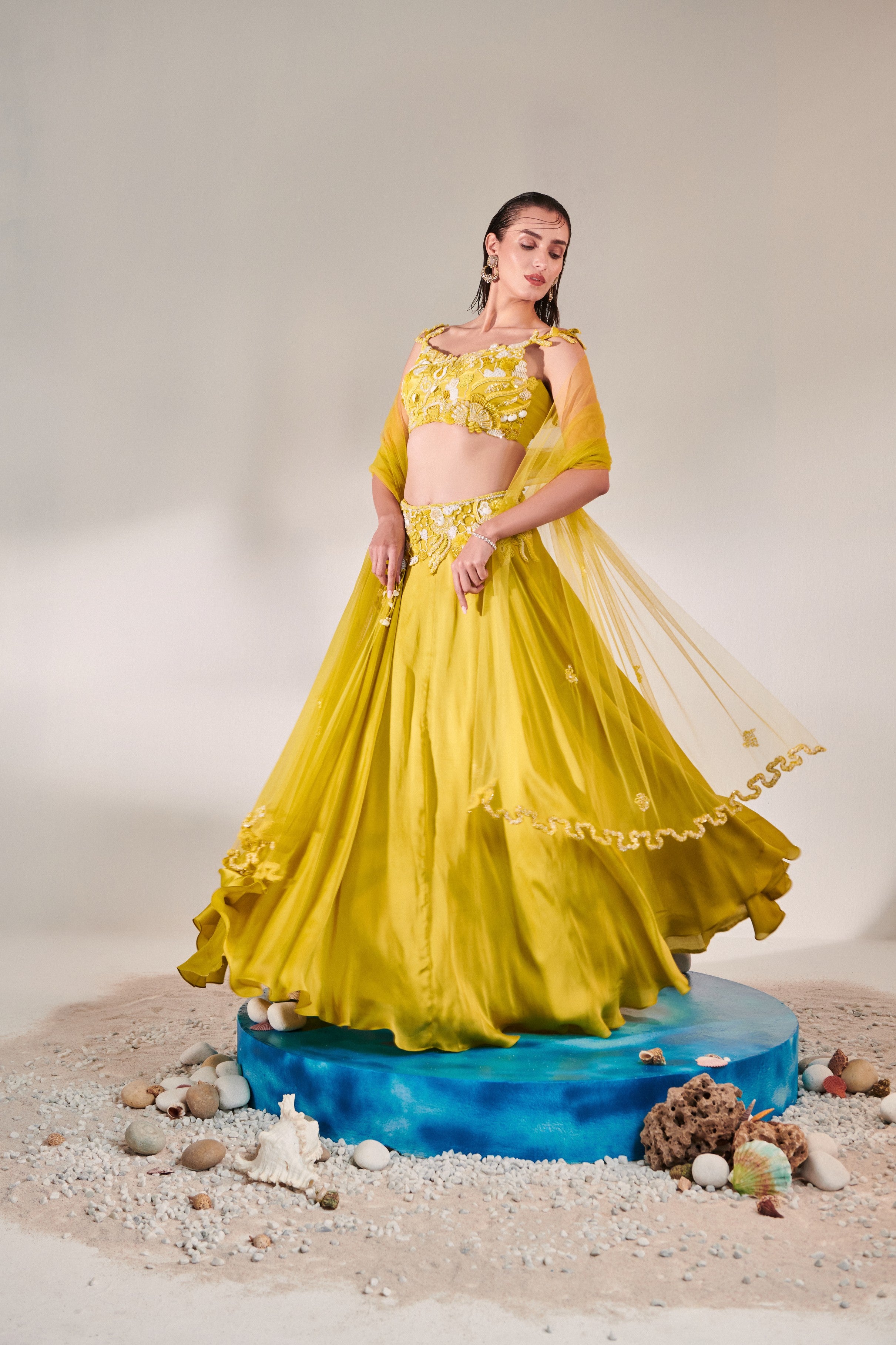 Off shoulder cutwork blouse lehenga Set