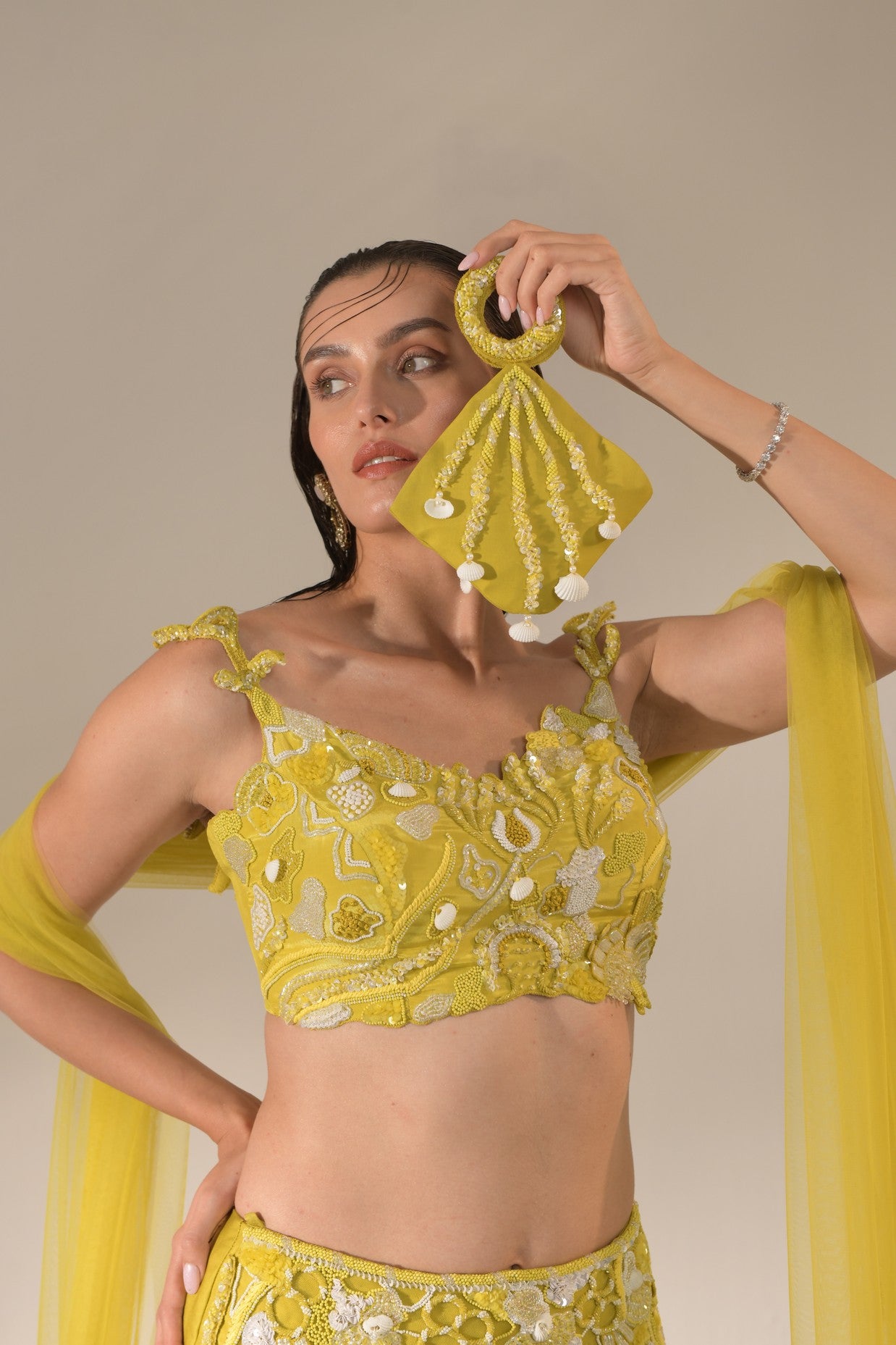 Off shoulder cutwork blouse lehenga Set