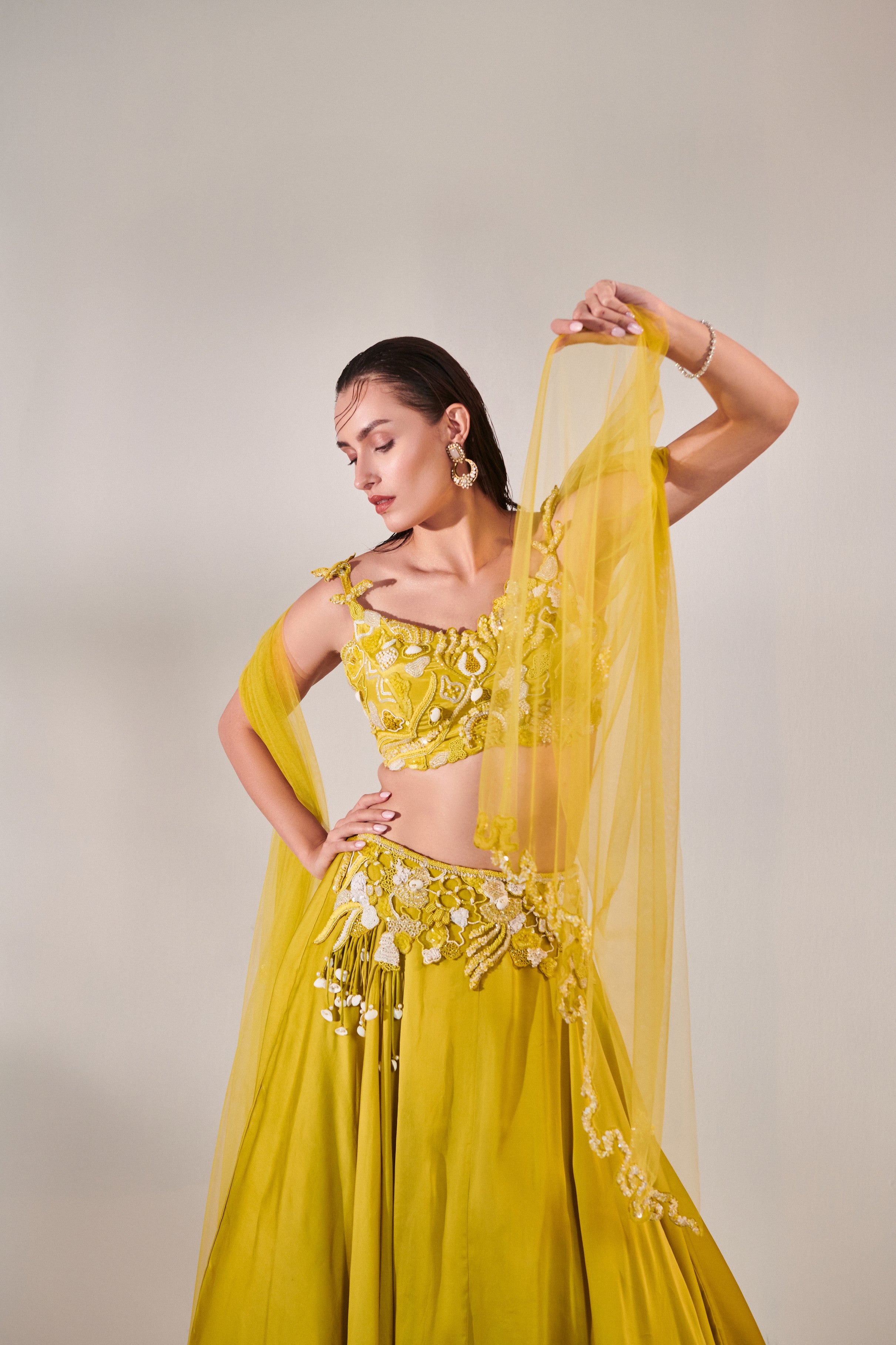 Off shoulder cutwork blouse lehenga Set