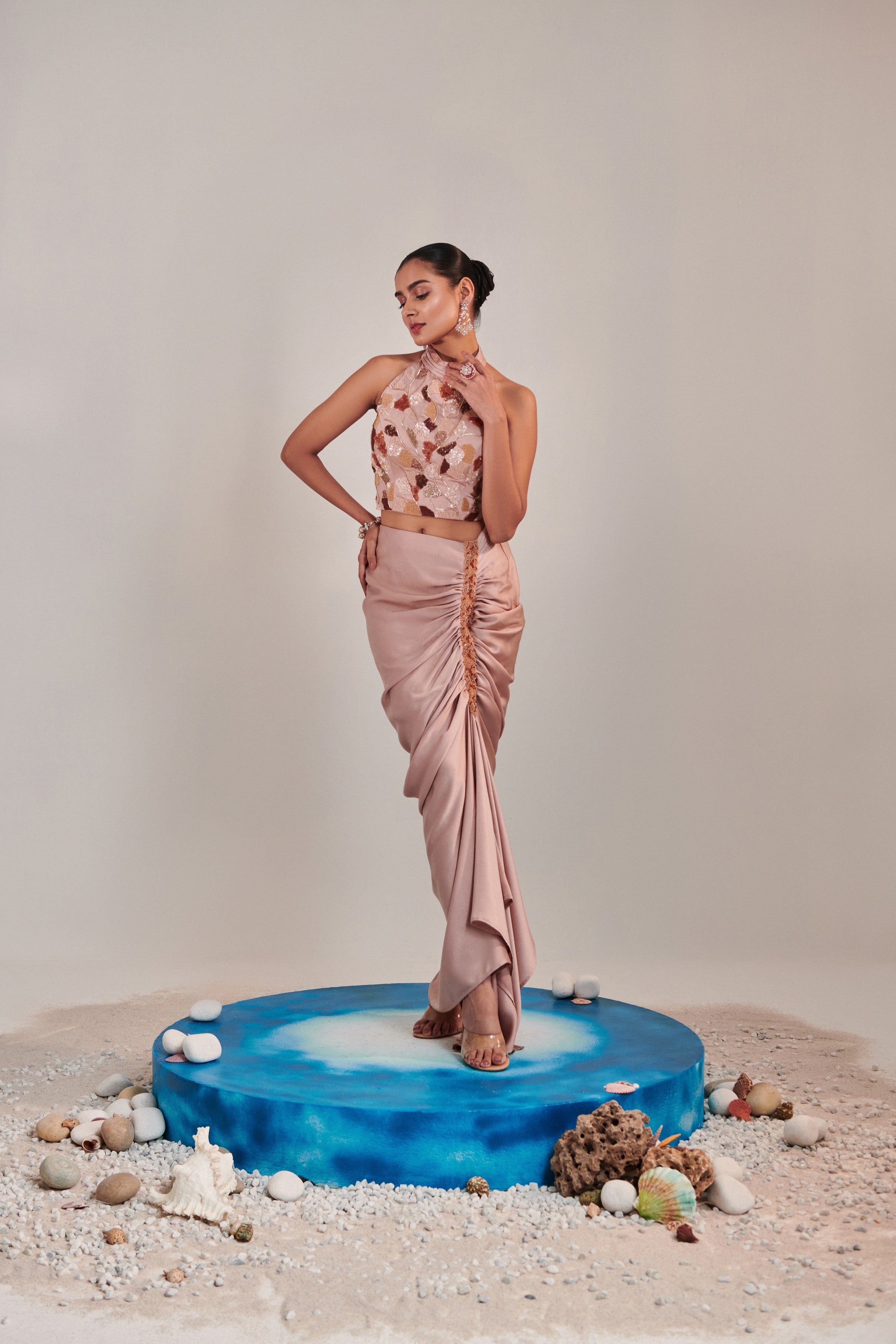 Nudish pink drape skirt and halter neck top set