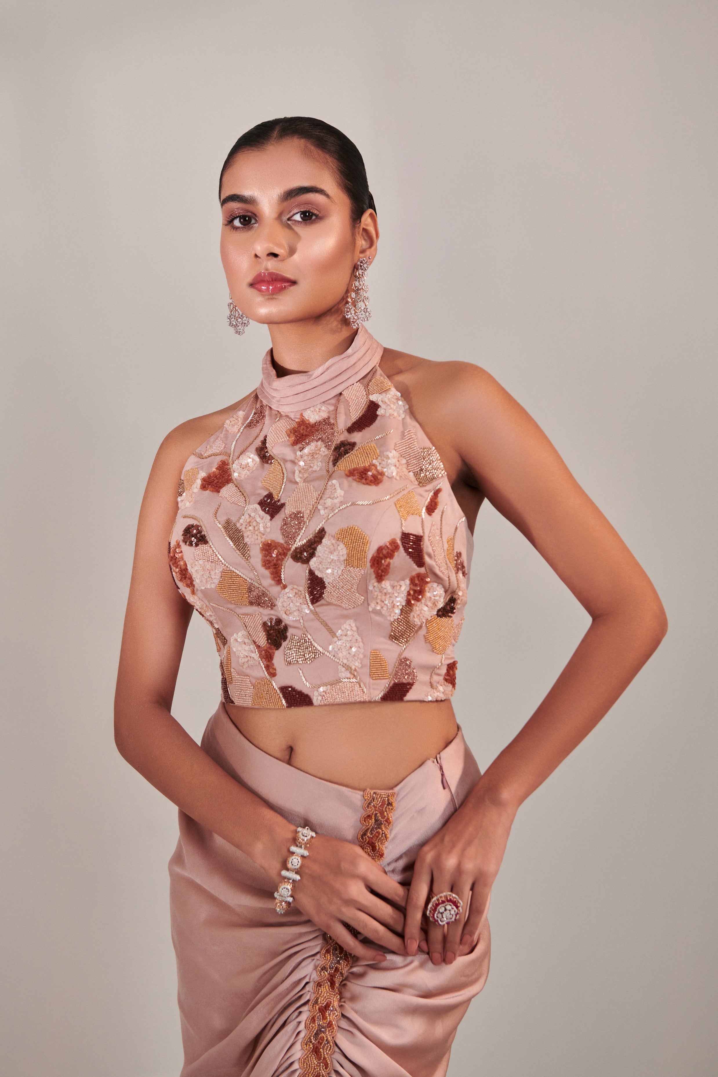 Nudish pink drape skirt and halter neck top set