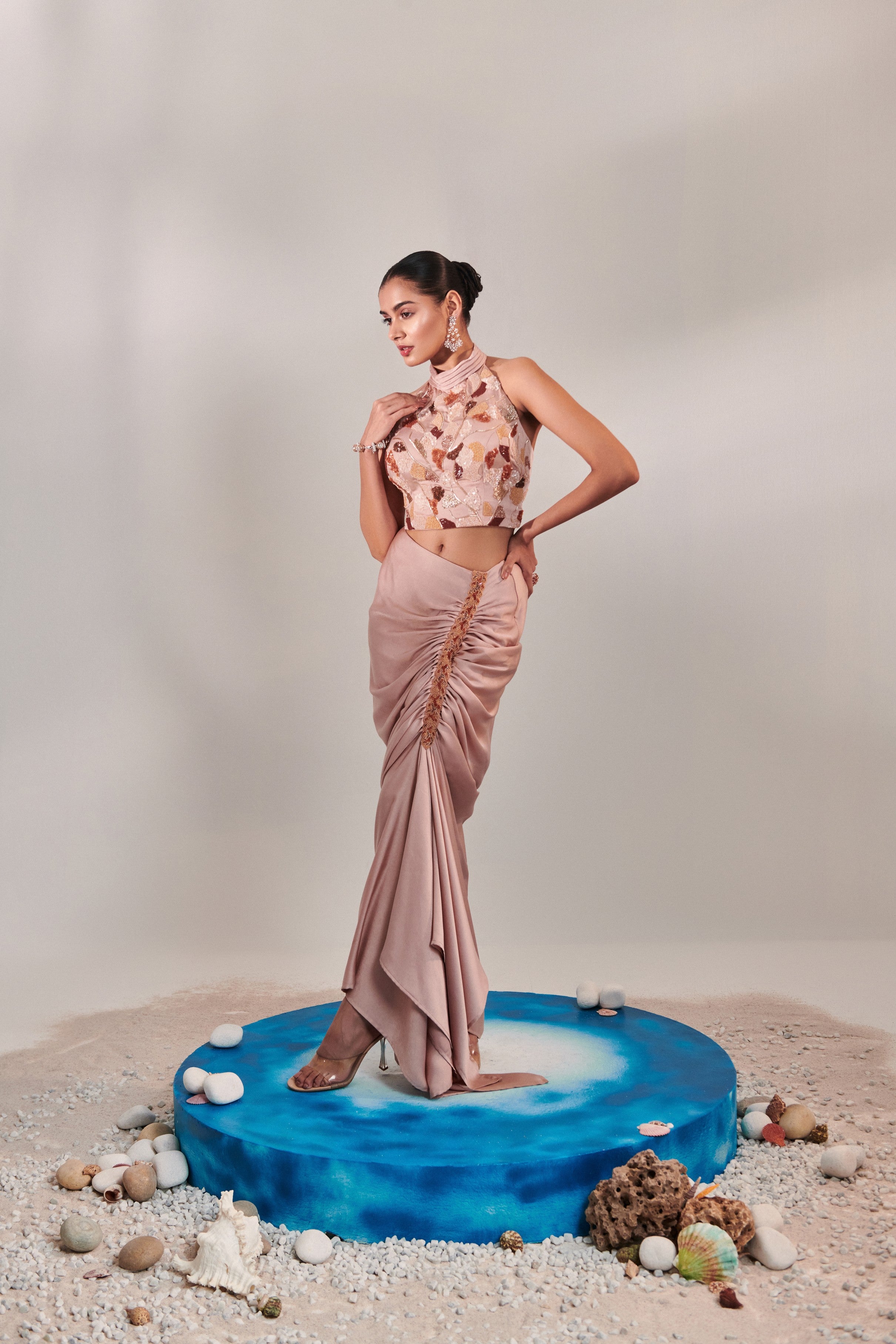 Nudish pink drape skirt and halter neck top set