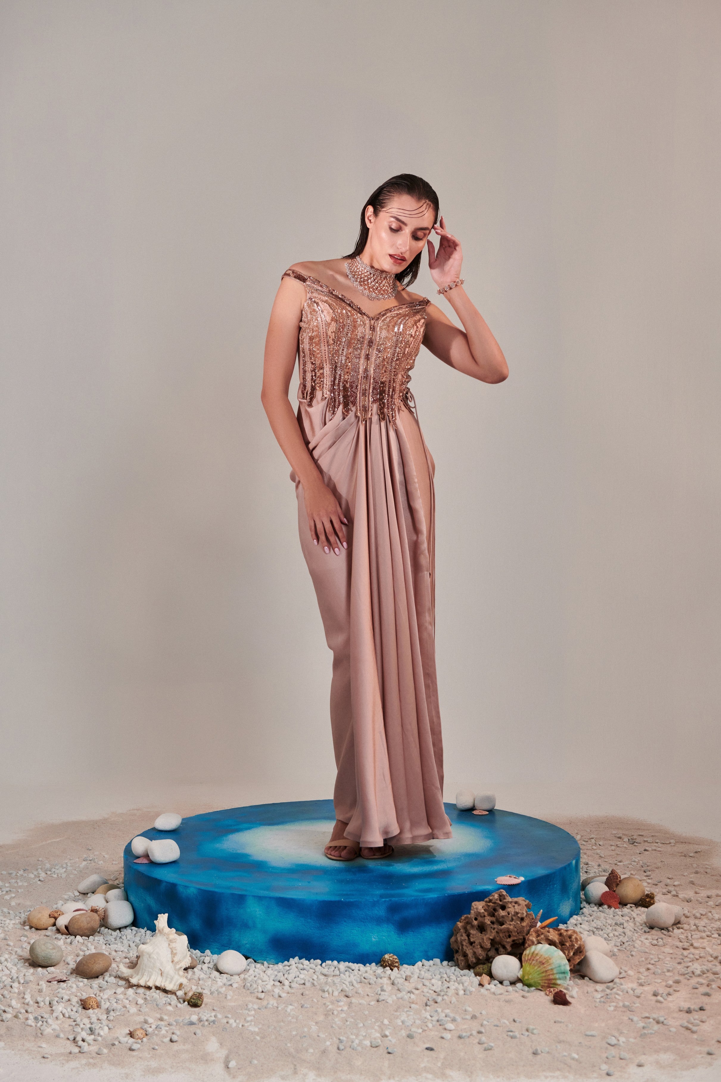 Nudish pink gradient hand embroidered cutwork detail drape gown; side drawstring  tie-down