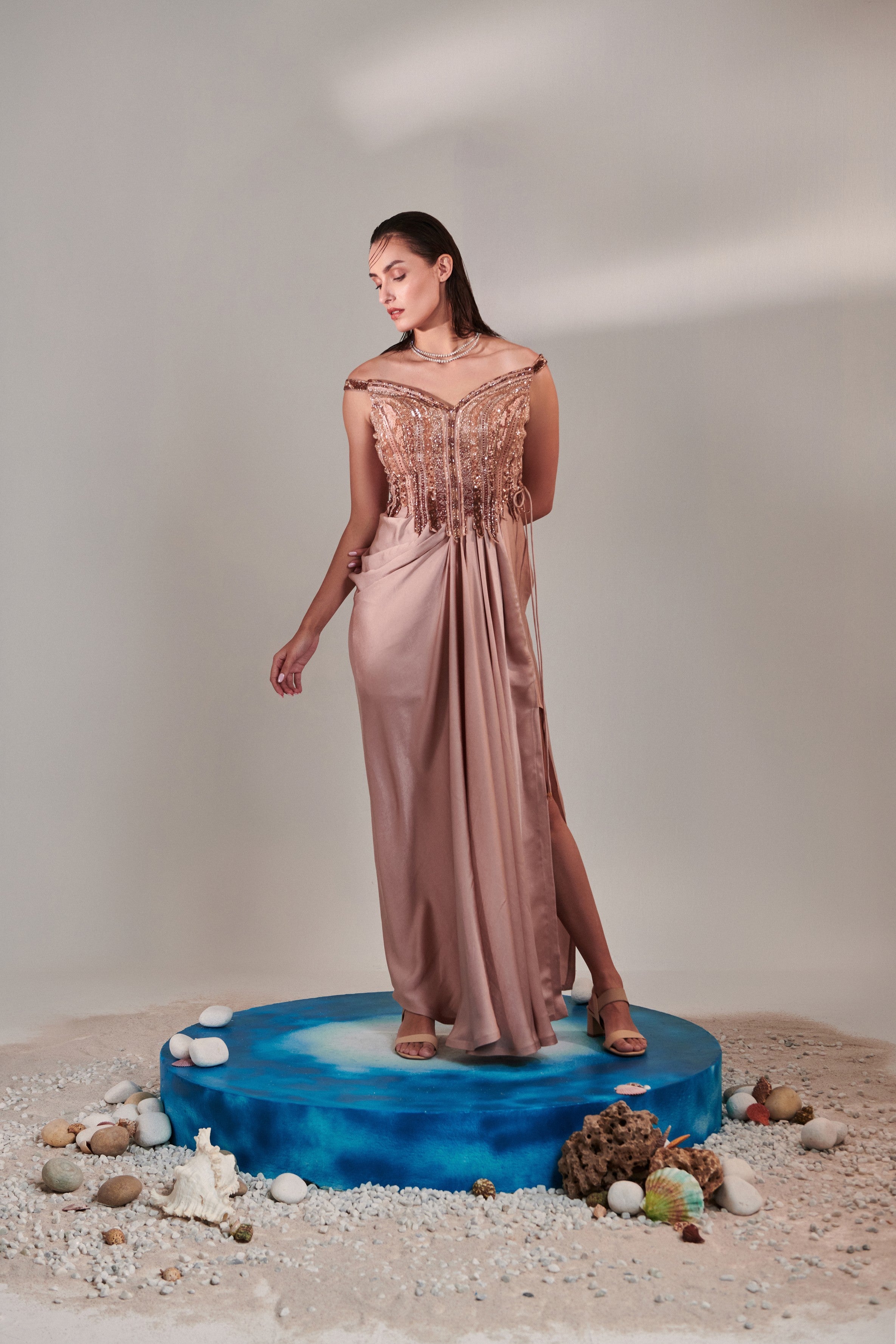 Nudish pink gradient hand embroidered cutwork detail drape gown; side drawstring  tie-down