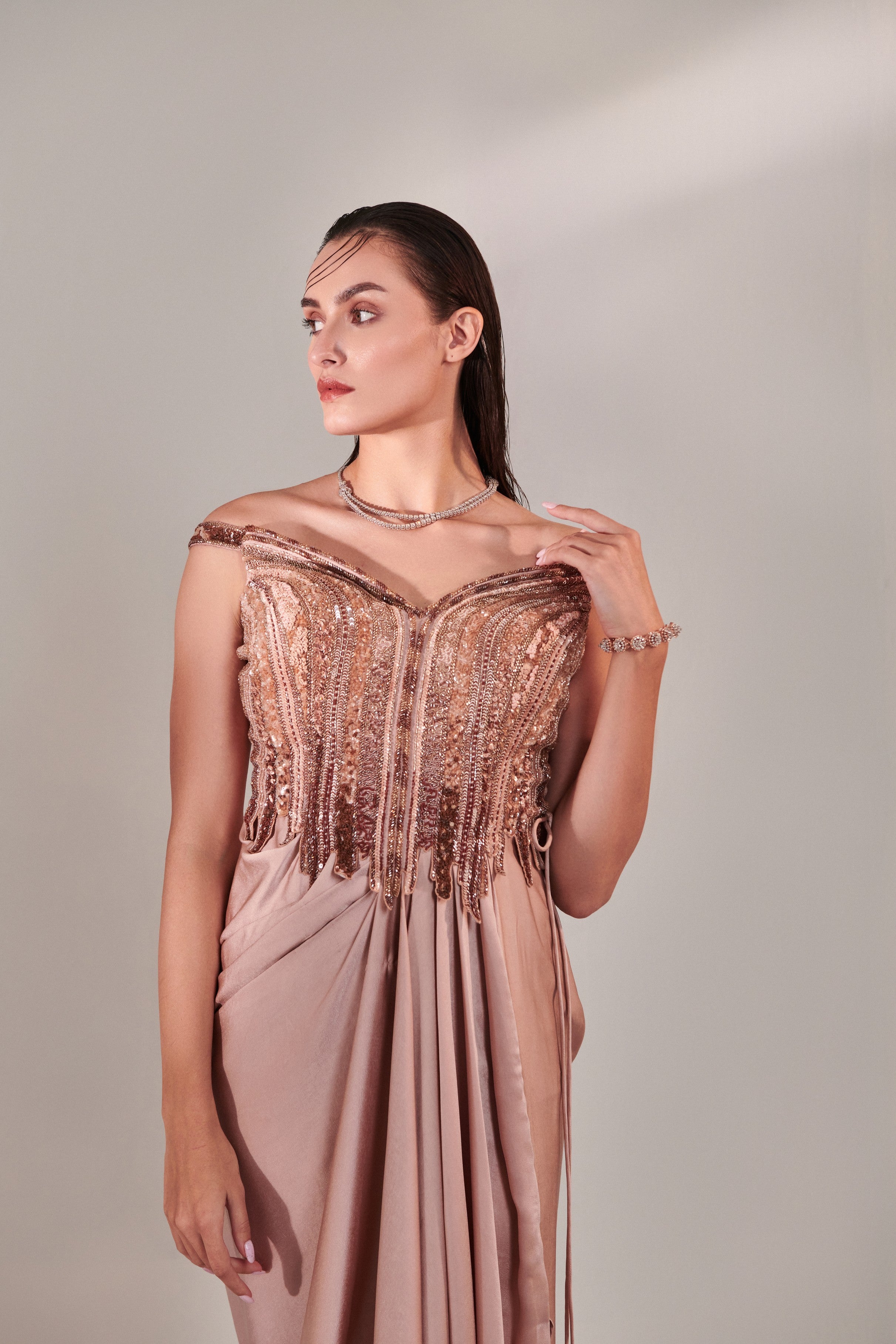 Nudish pink gradient hand embroidered cutwork detail drape gown; side drawstring  tie-down