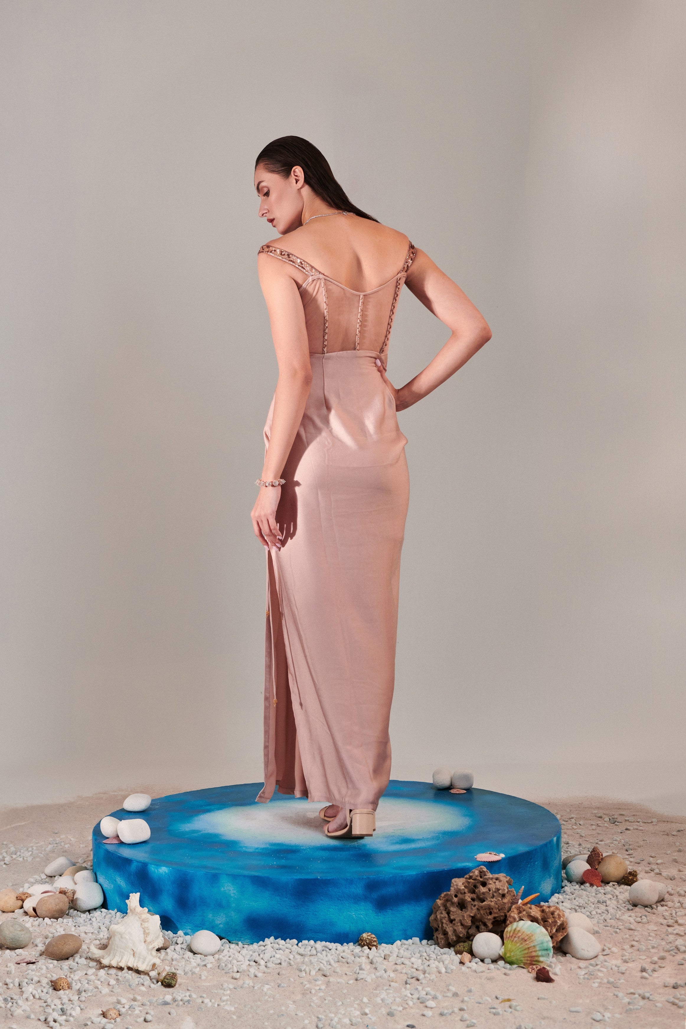 Nudish pink gradient hand embroidered cutwork detail drape gown; side drawstring  tie-down