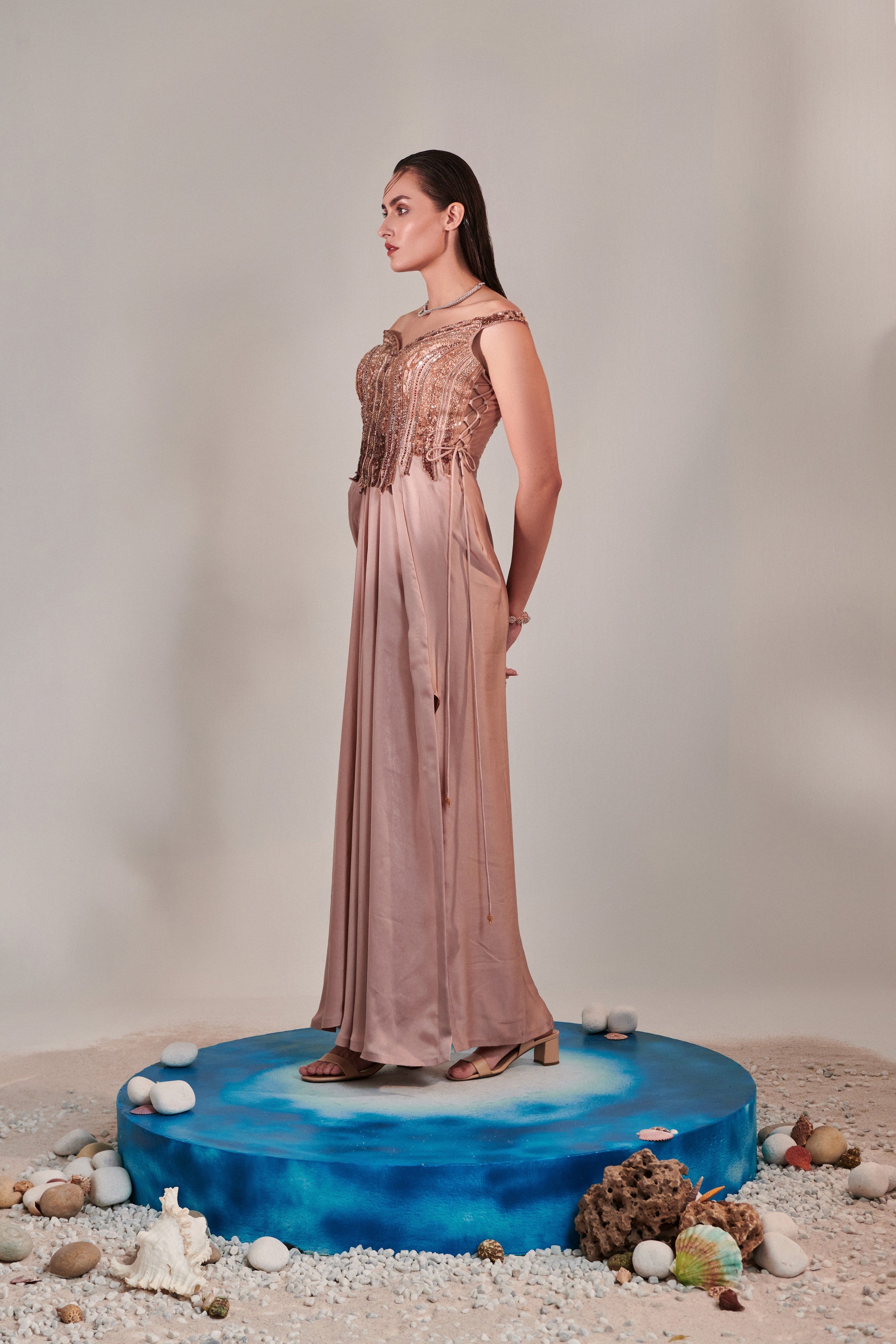 Nudish pink gradient hand embroidered cutwork detail drape gown; side drawstring  tie-down