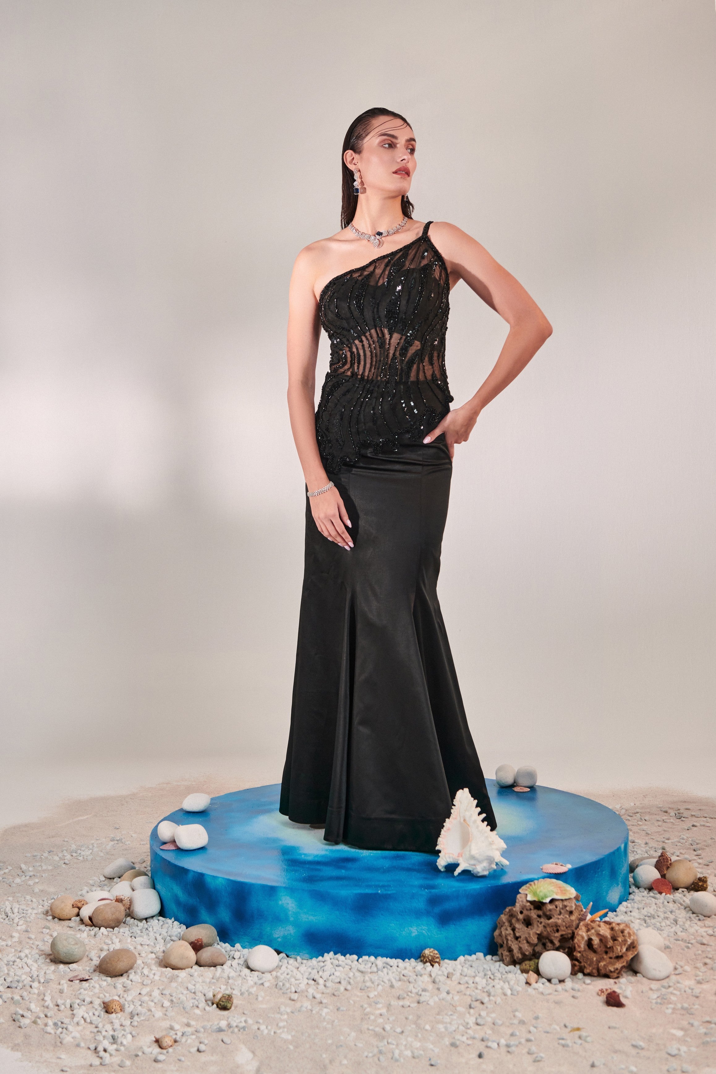 hand embroidered scallop on shoulder corset fit top; bustier and kalidar fitted skirt