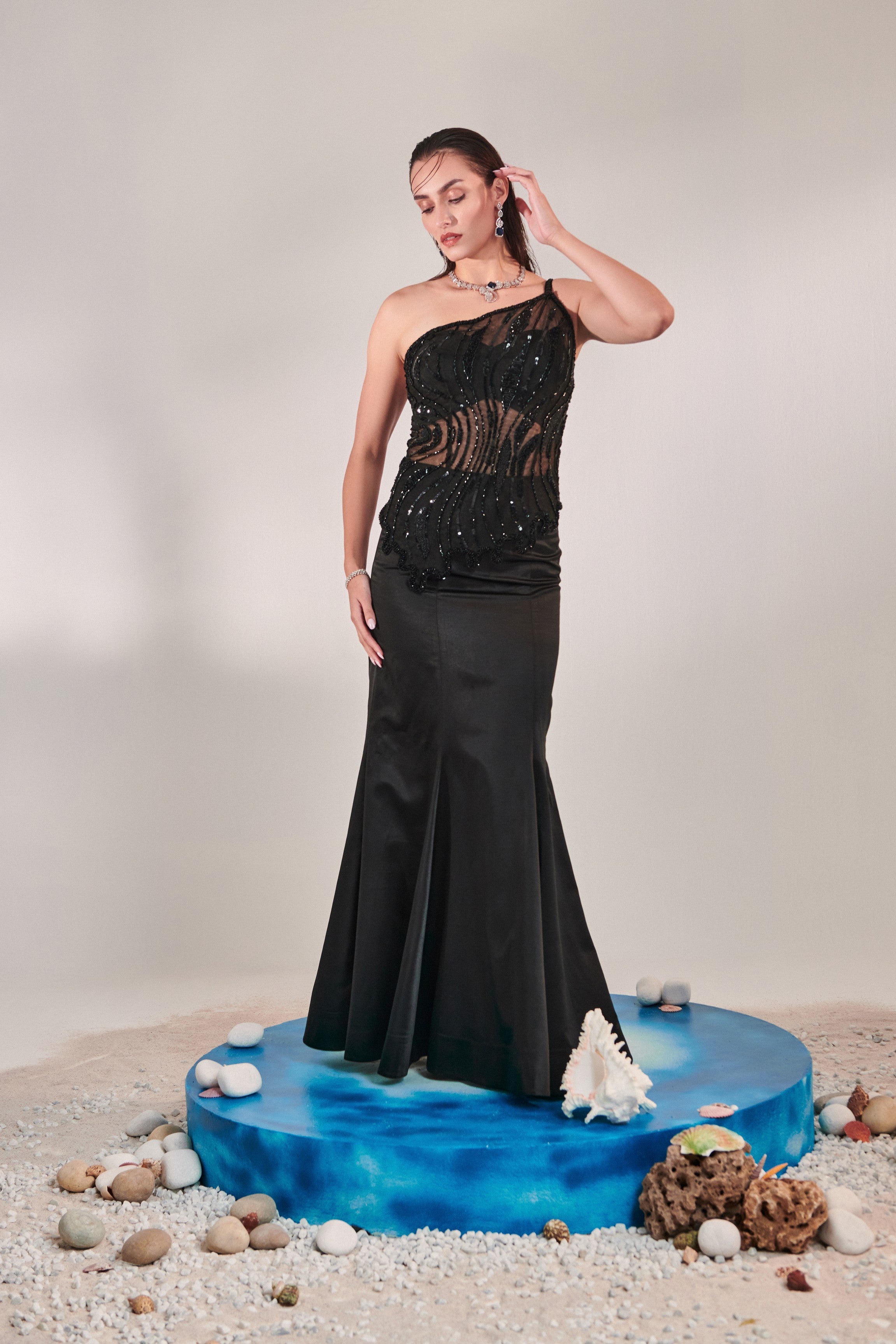 hand embroidered scallop on shoulder corset fit top; bustier and kalidar fitted skirt