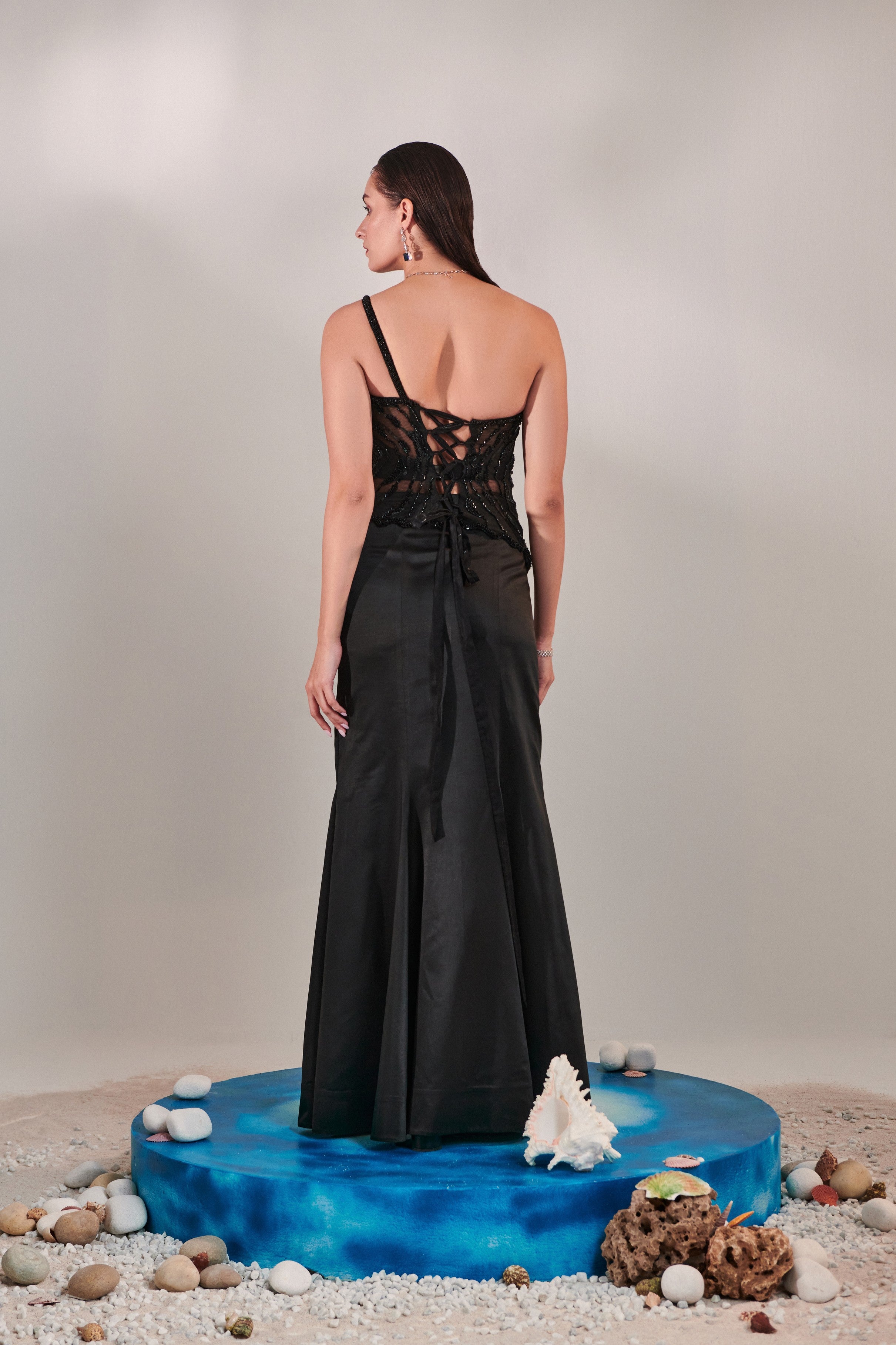 hand embroidered scallop on shoulder corset fit top; bustier and kalidar fitted skirt