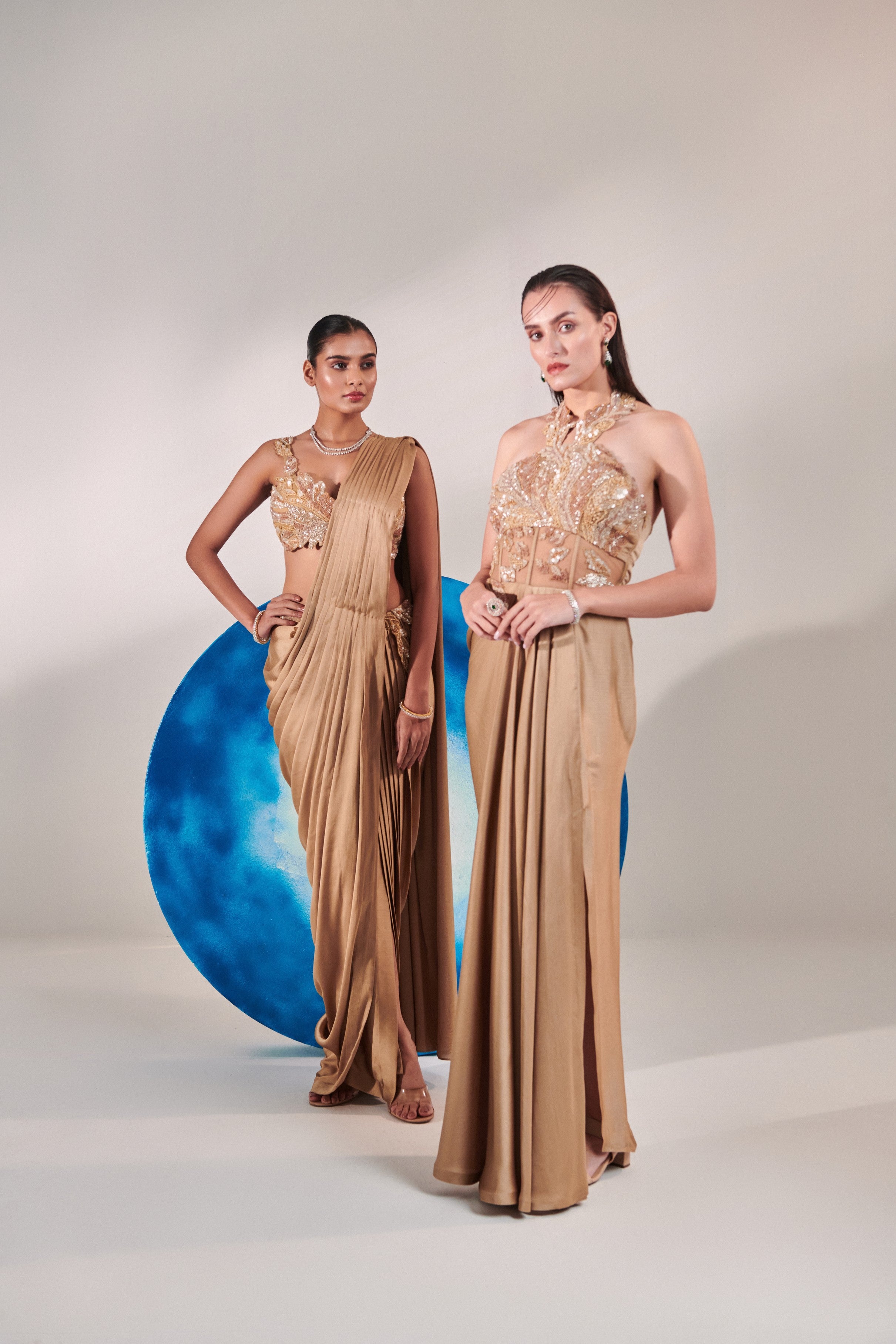 Champagne gold corset halterneck gown cutwork embroidery