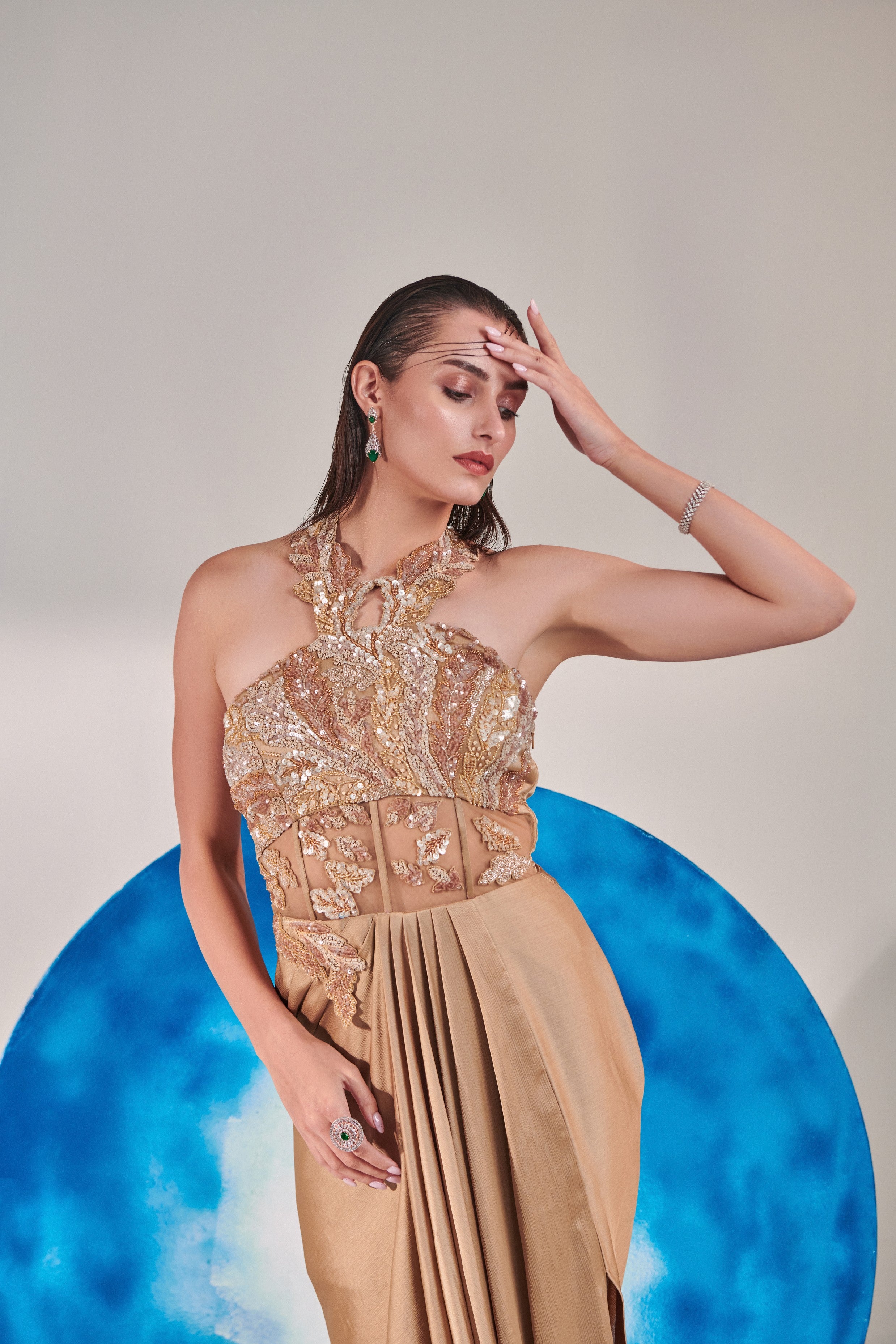 Champagne gold corset halterneck gown cutwork embroidery