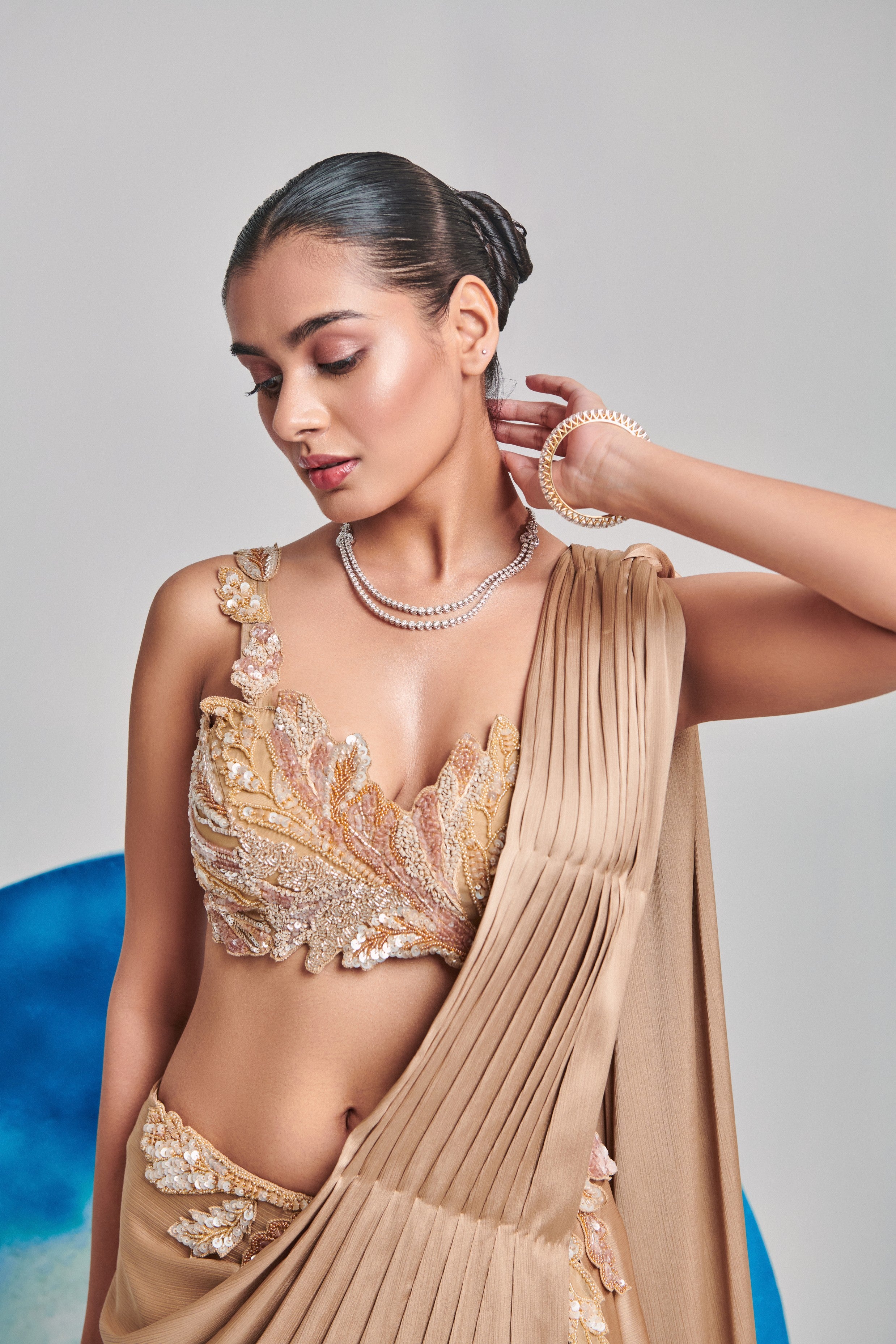 Champagne gold pre stitch, hand pleated drape saree set