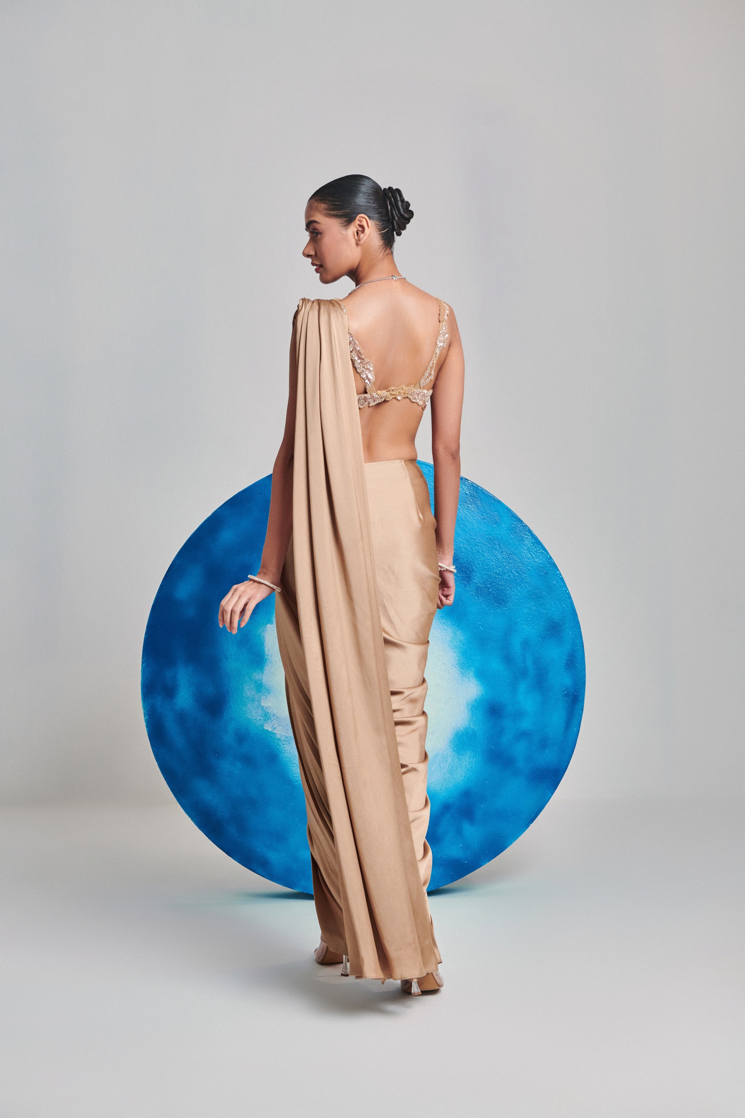 Champagne gold pre stitch, hand pleated drape saree set