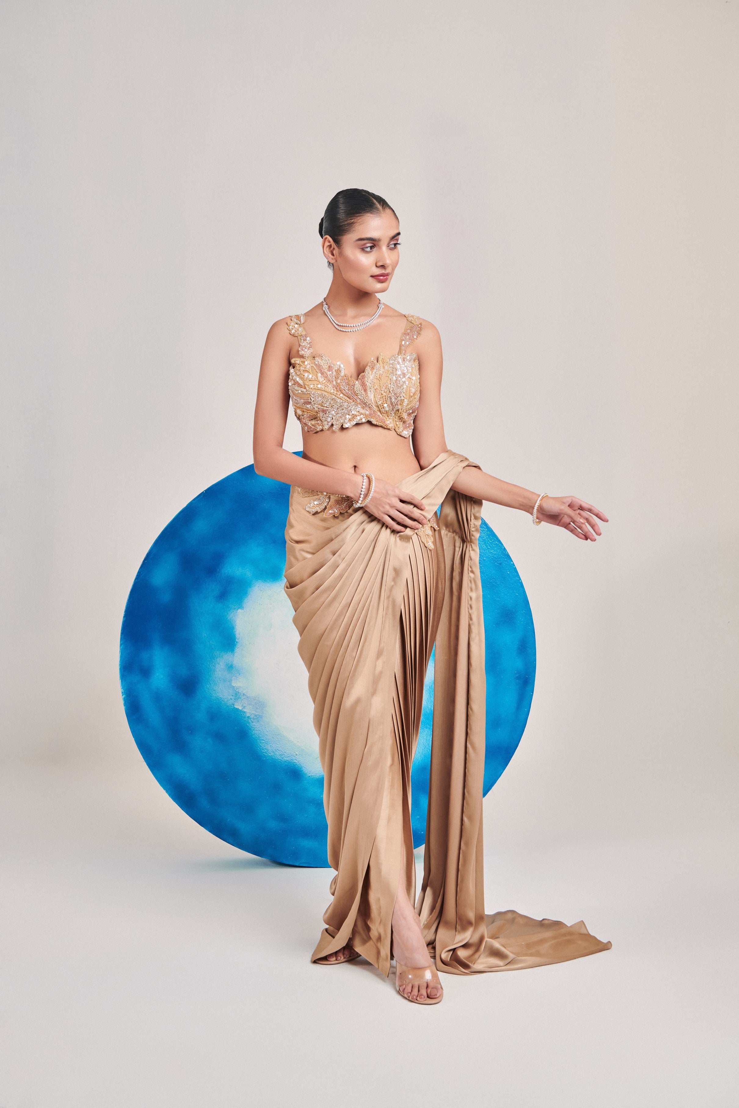 Champagne gold pre stitch, hand pleated drape saree set