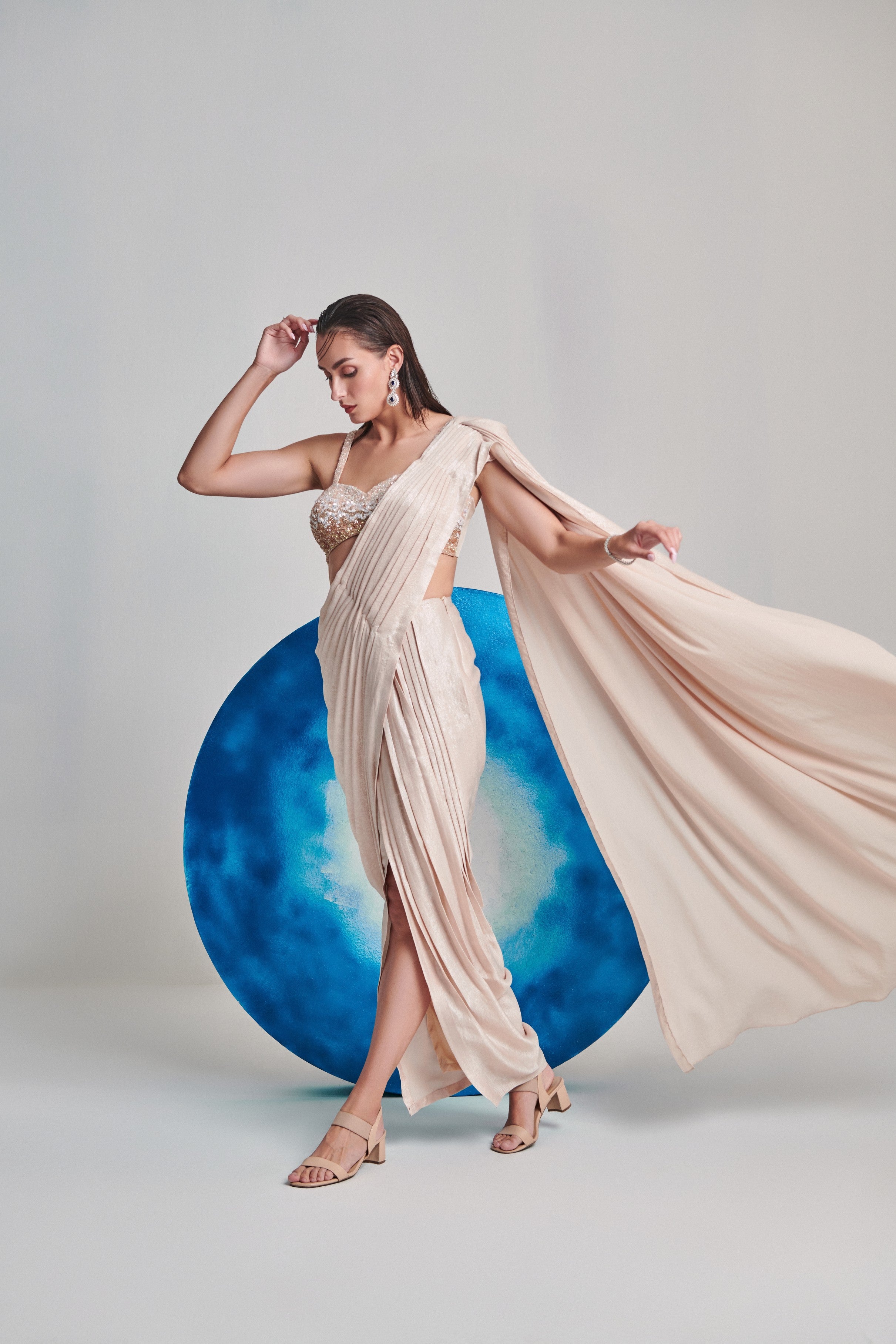 Ivory metallic foil hand pleated saree; ombre gradient hand embroidery