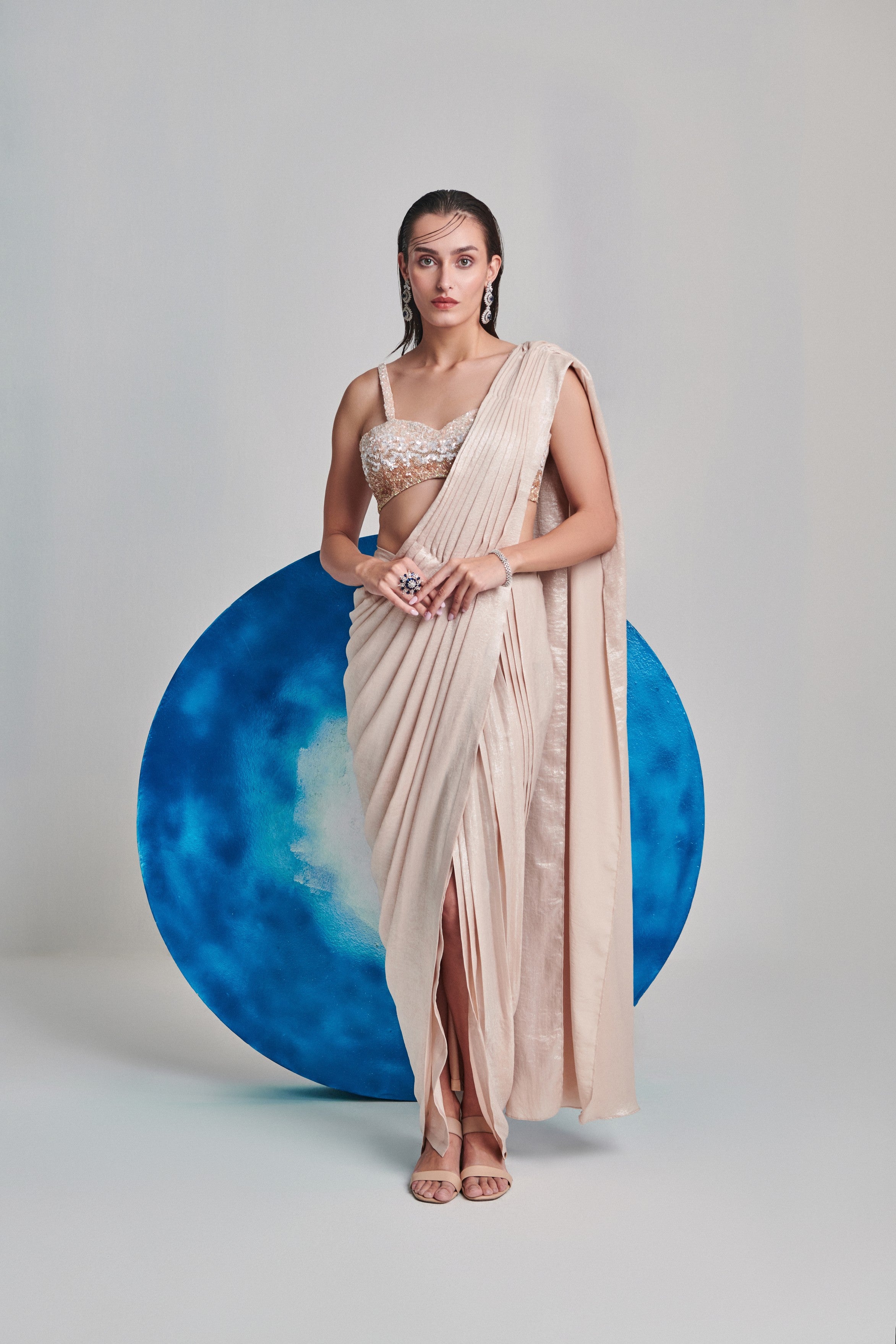 Ivory metallic foil hand pleated saree; ombre gradient hand embroidery