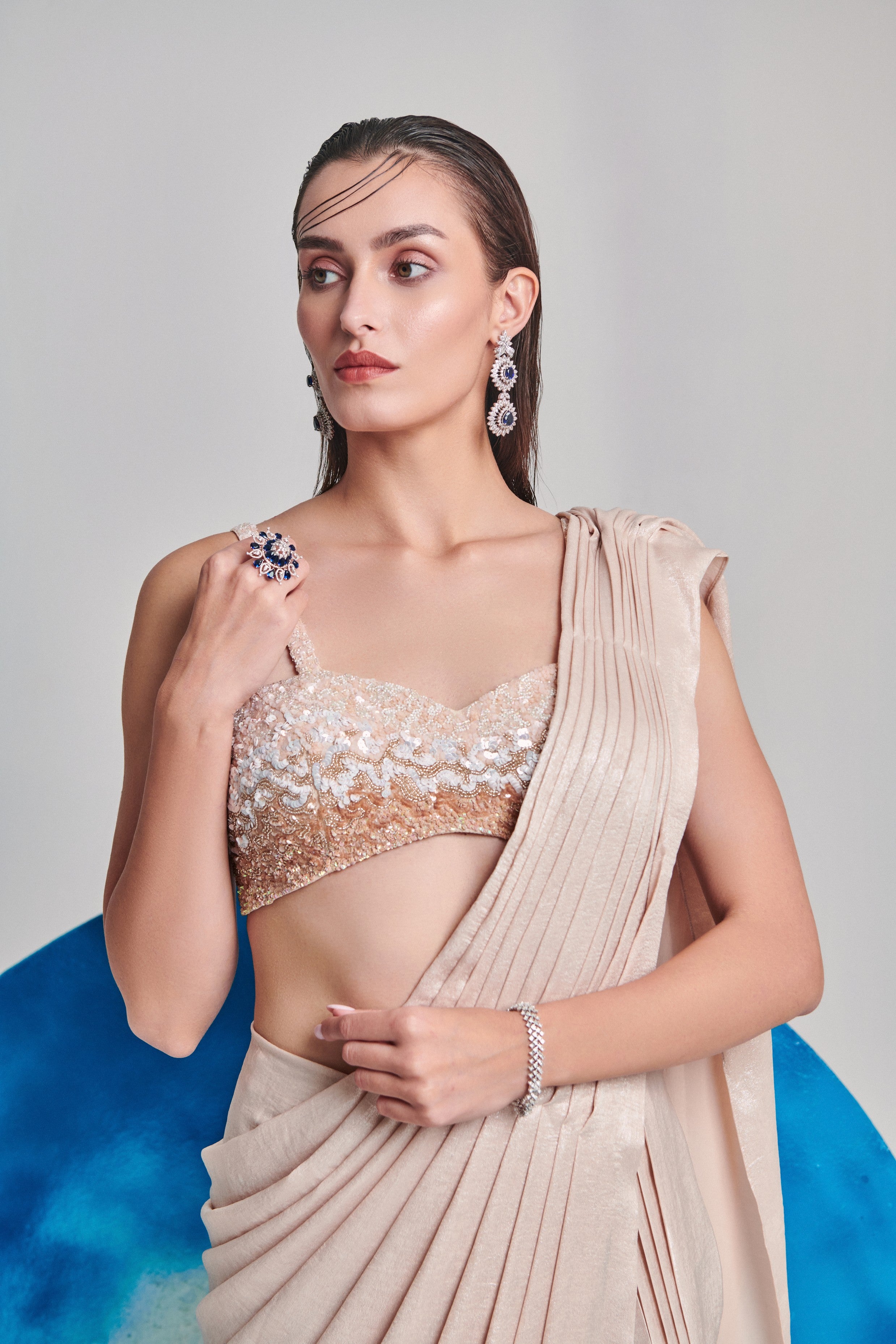 Ivory metallic foil hand pleated saree; ombre gradient hand embroidery