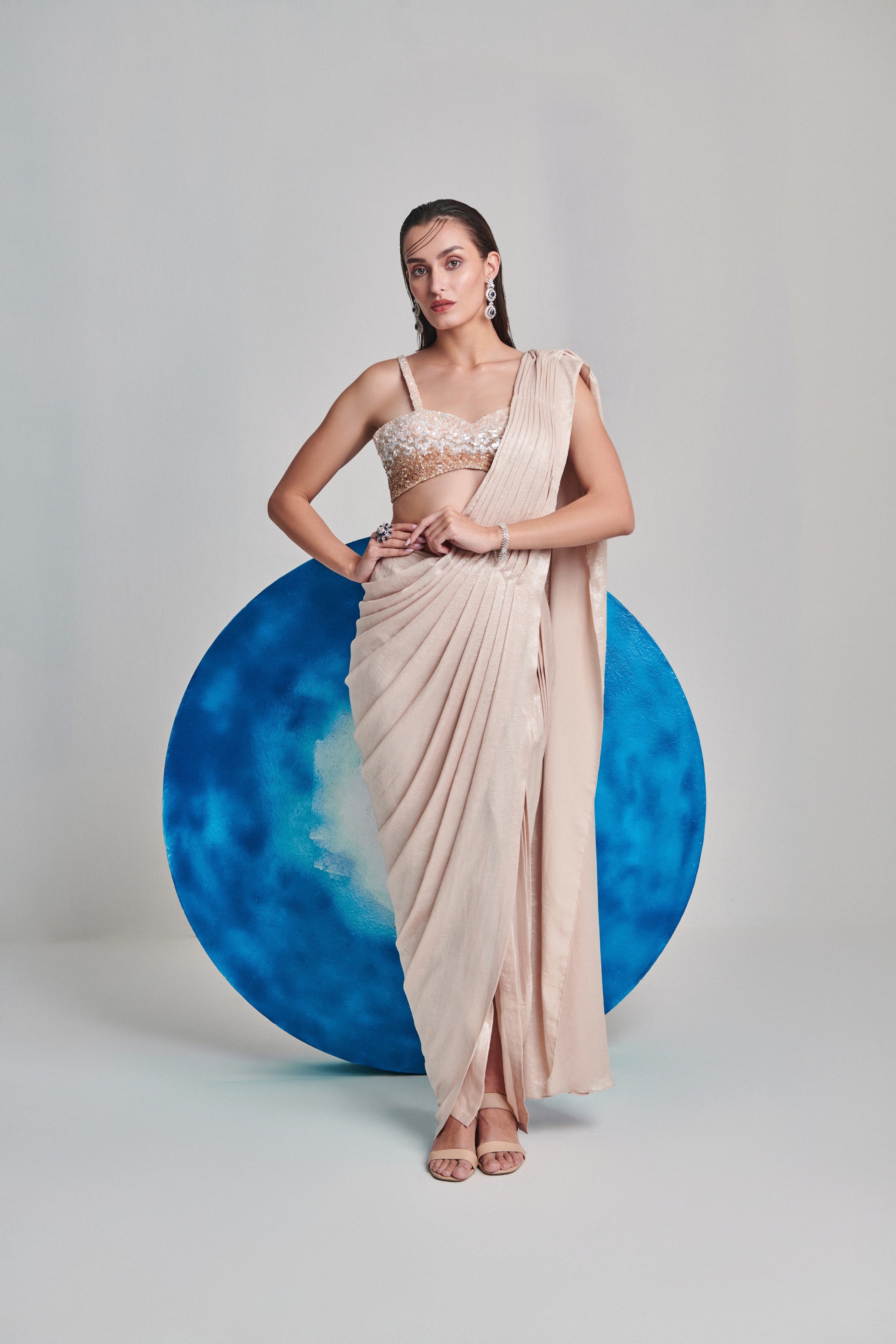 Ivory metallic foil hand pleated saree; ombre gradient hand embroidery