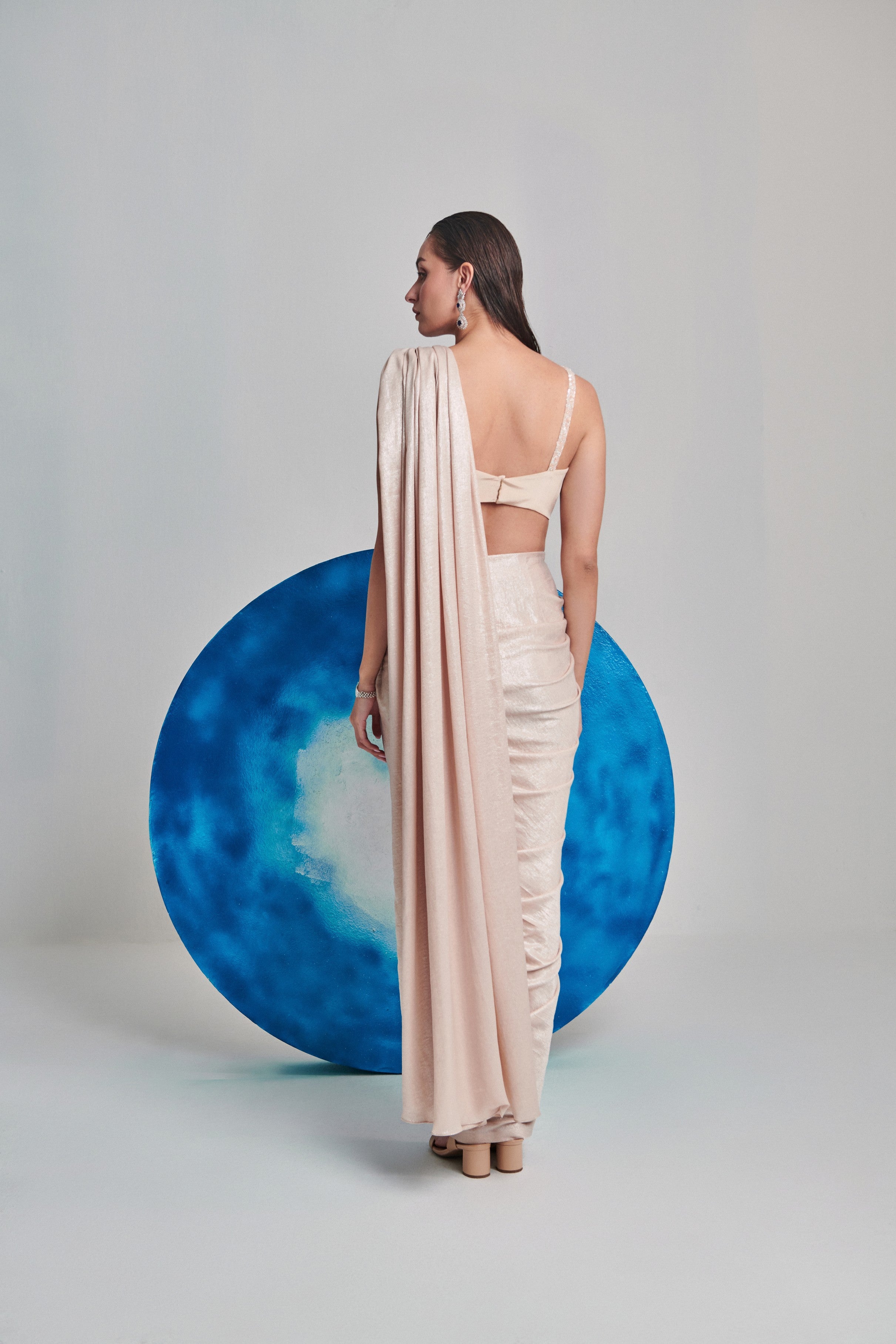 Ivory metallic foil hand pleated saree; ombre gradient hand embroidery