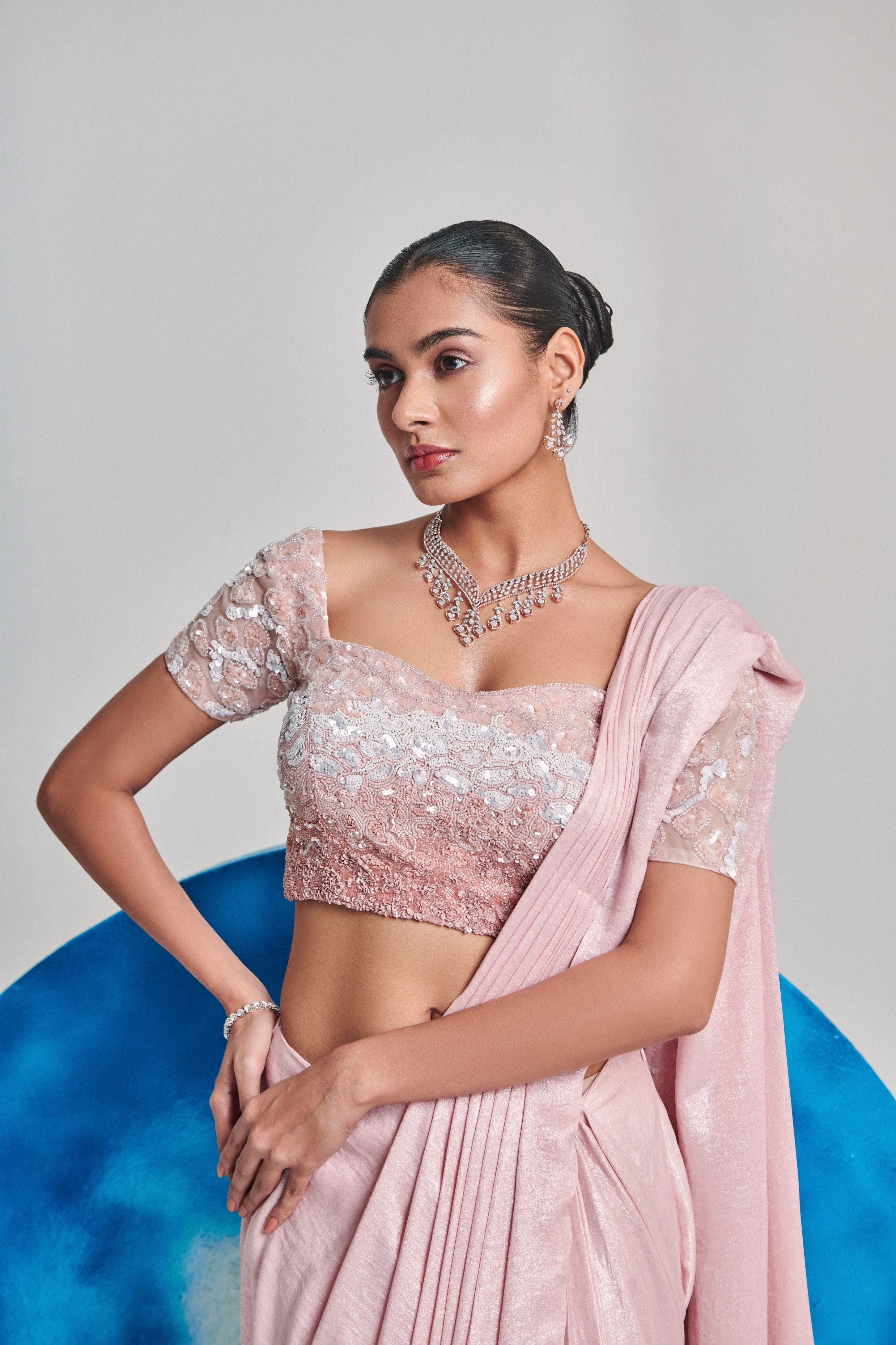 Soft pink ombre gradient pre stitch hand embroider drape saree