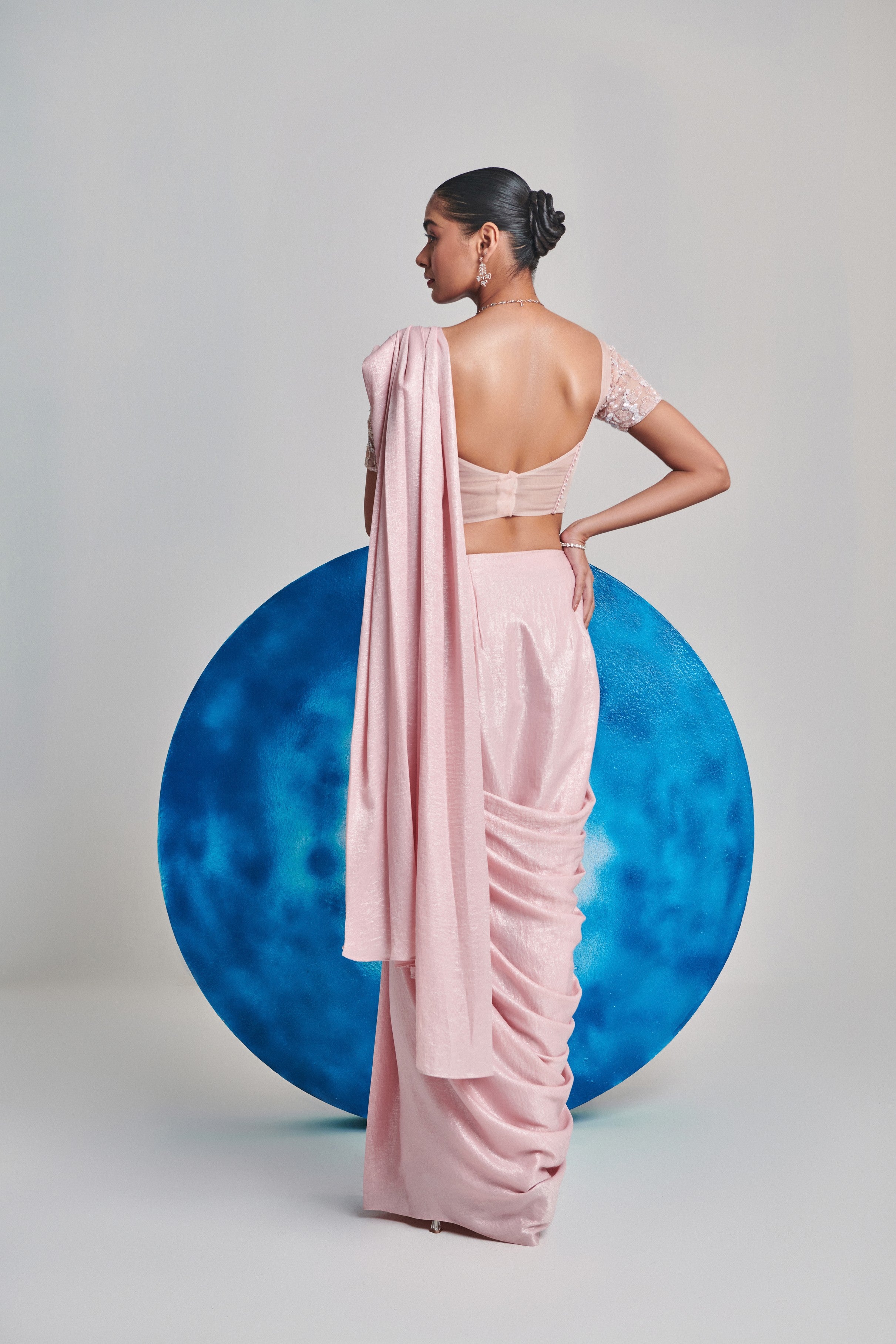 Soft pink ombre gradient pre stitch hand embroider drape saree