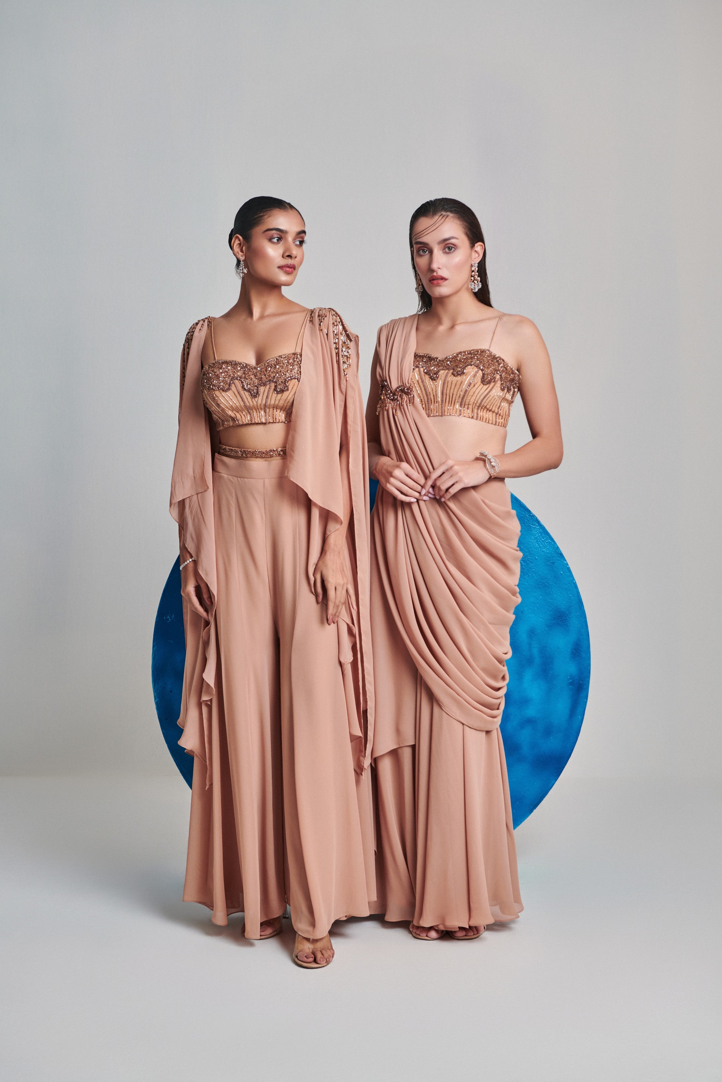 Beige flared pre stitch drape saree; hand embroidered blouse