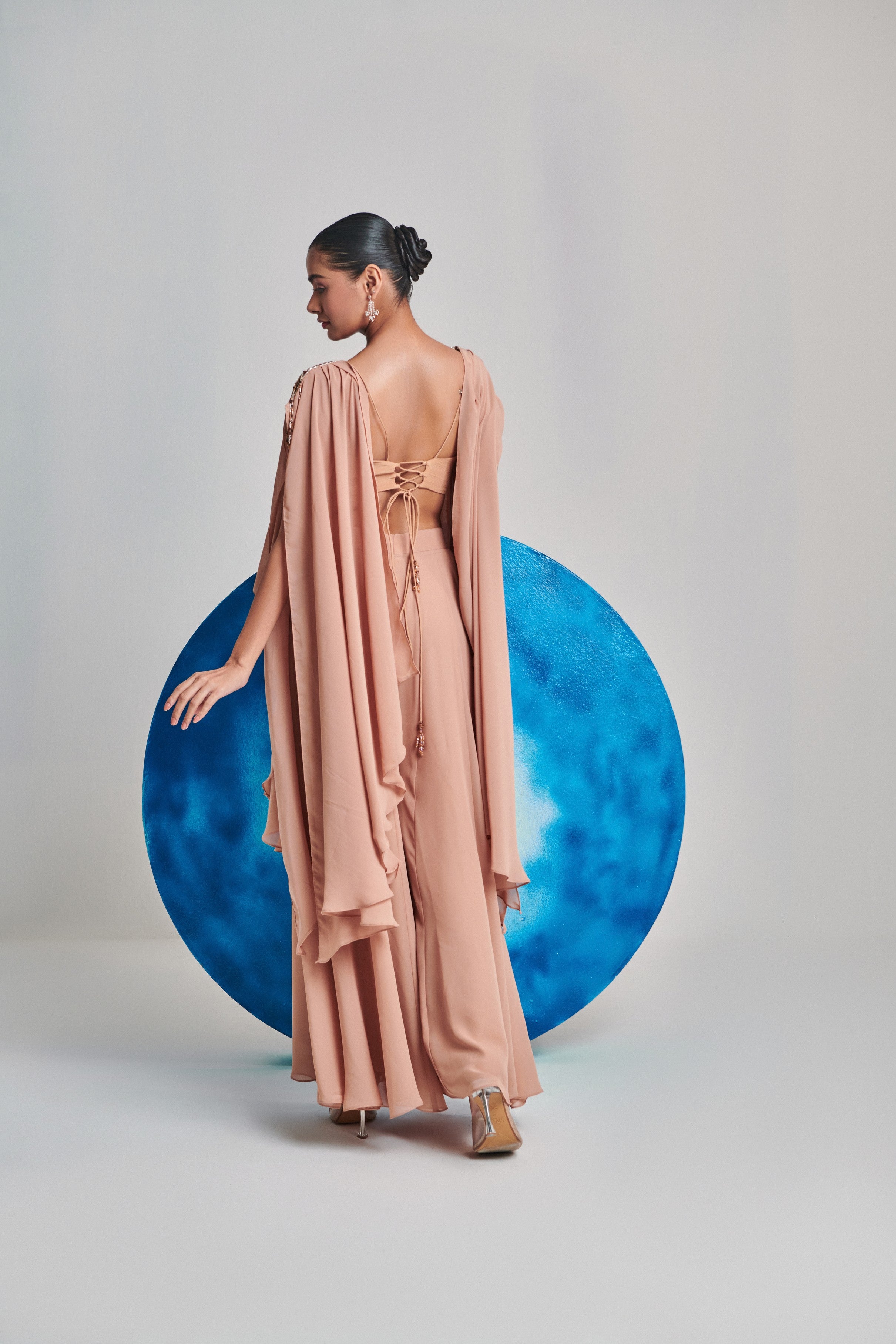 Beige open cape with embroider blouse and kalidar sharara