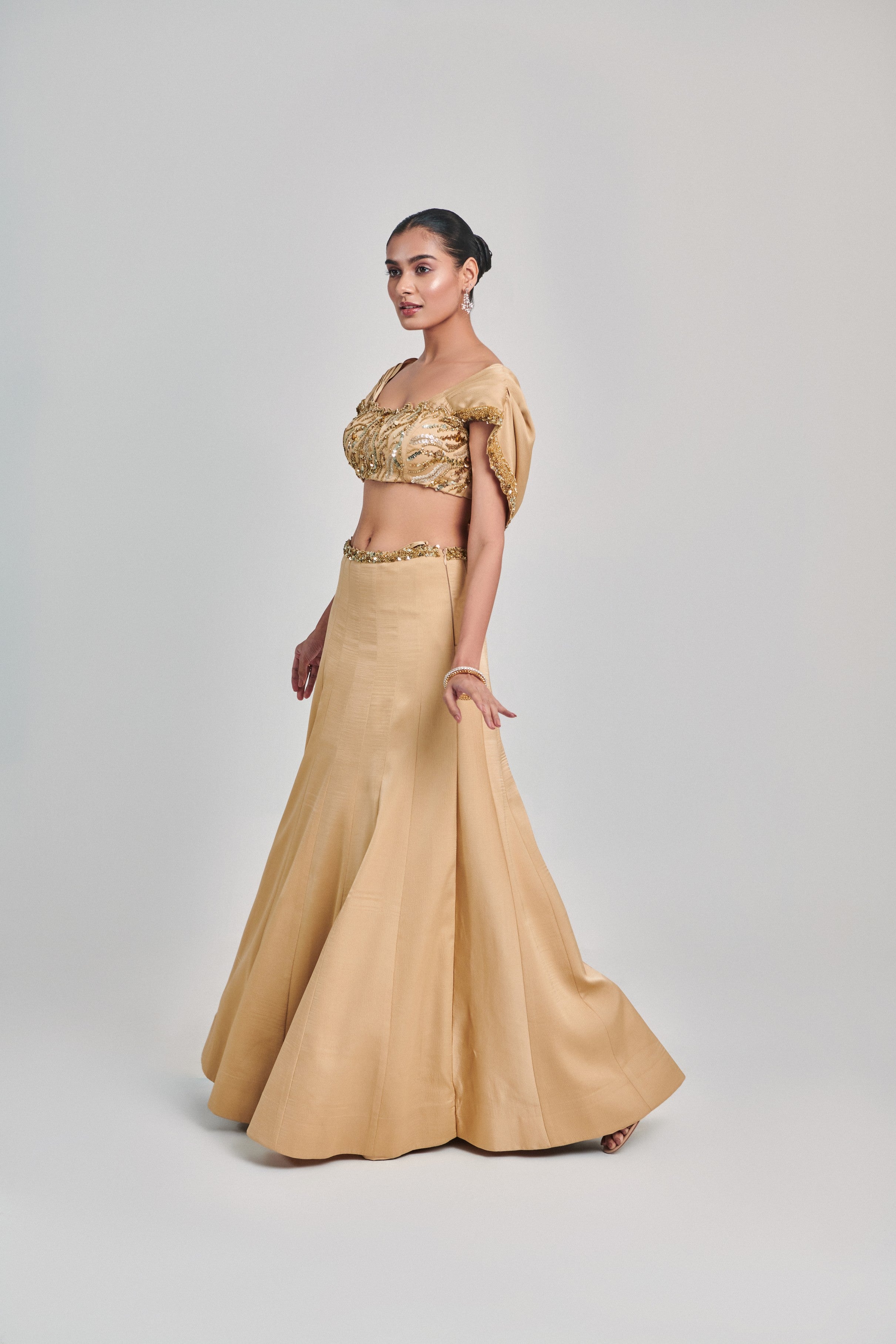Golden cowl sleeves; cutwork blouse kalidar skirt set