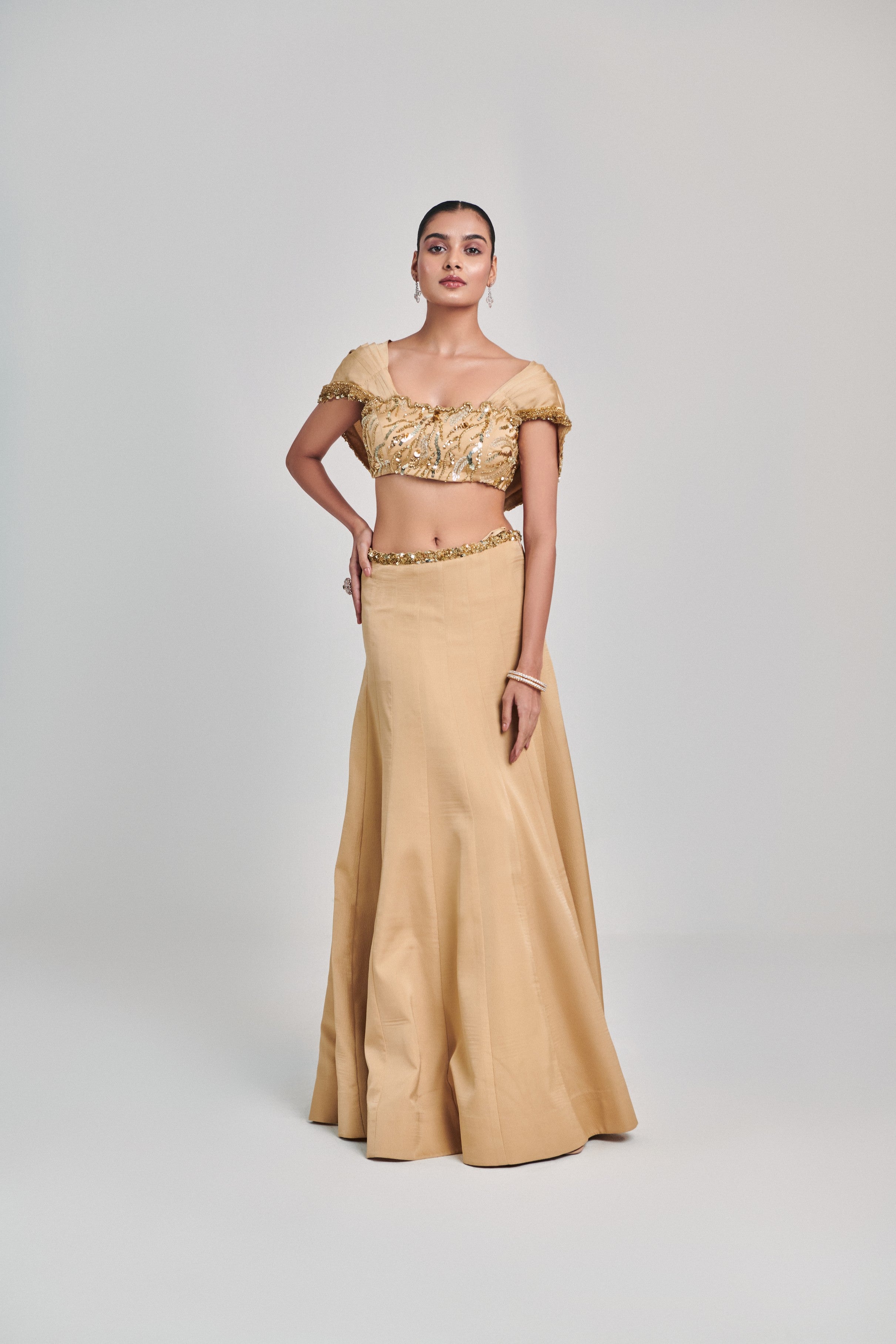Golden cowl sleeves; cutwork blouse kalidar skirt set