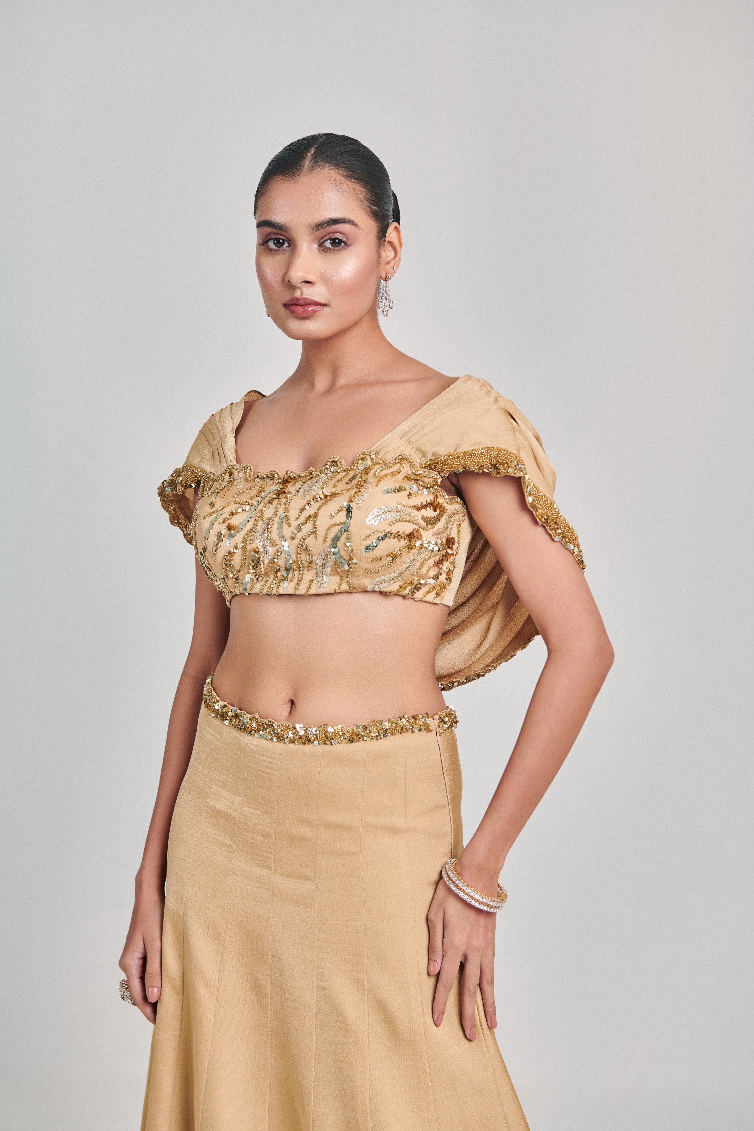 Golden cowl sleeves; cutwork blouse kalidar skirt set