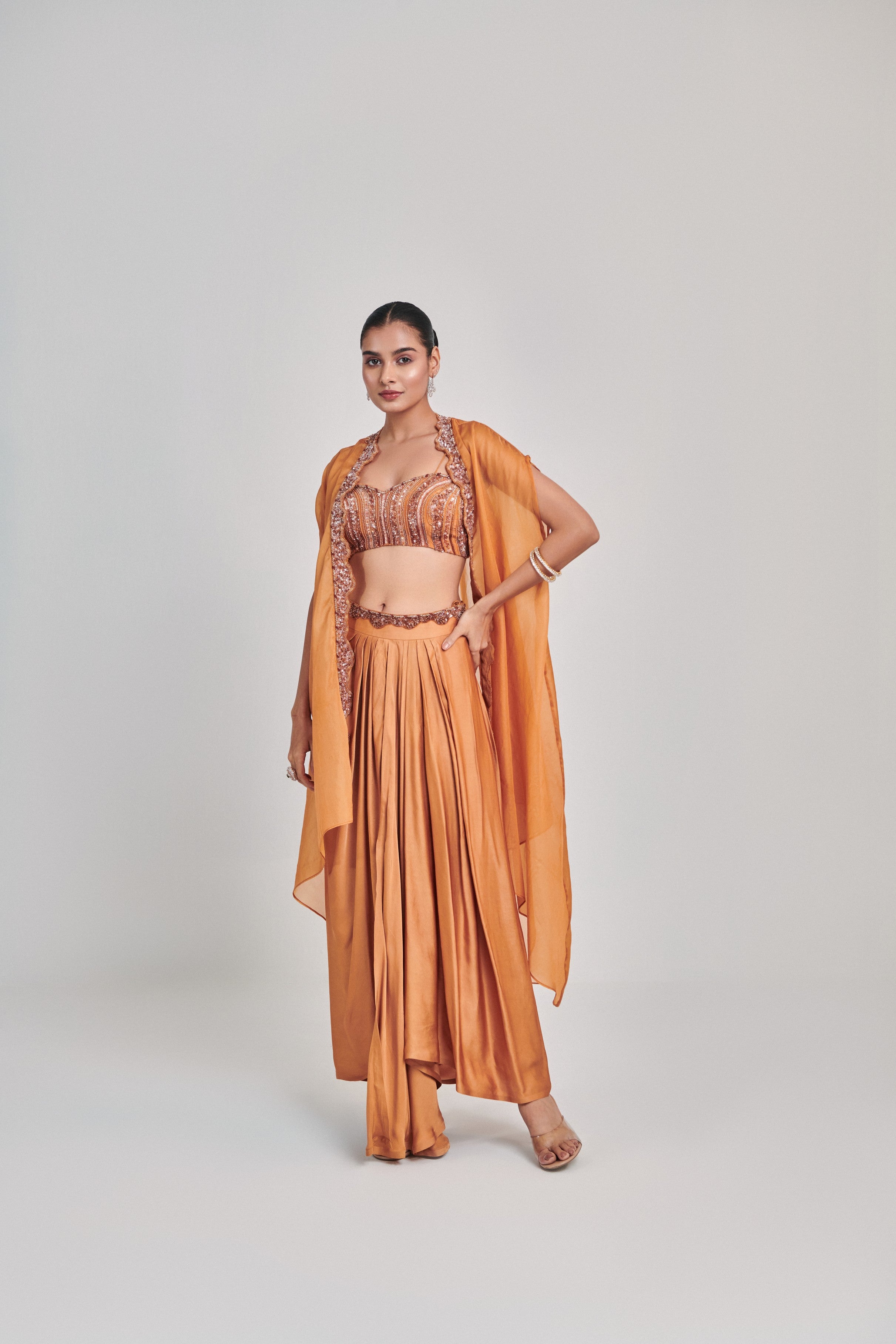 Mustard cutowork cape skirt set