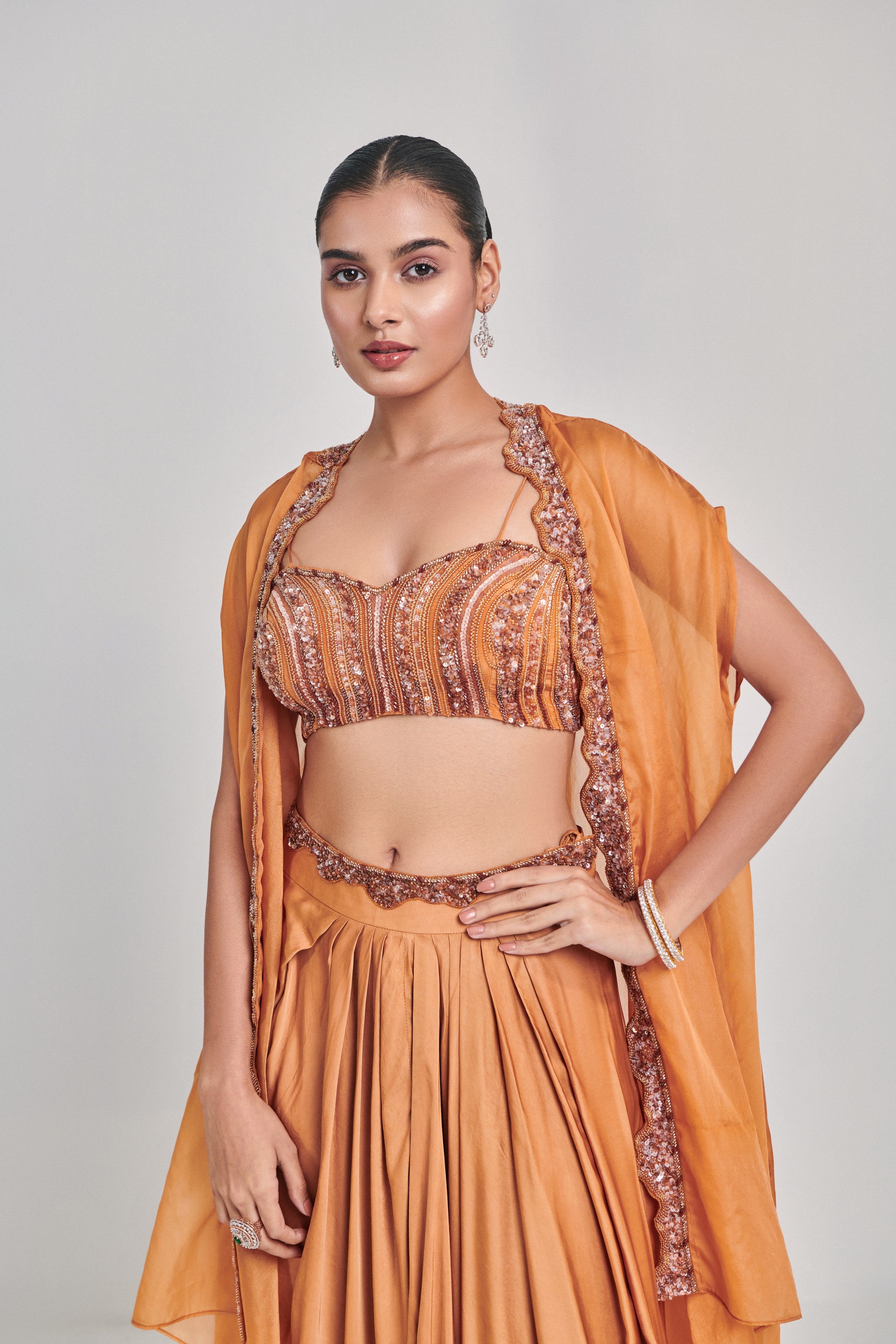 Mustard cutowork cape skirt set