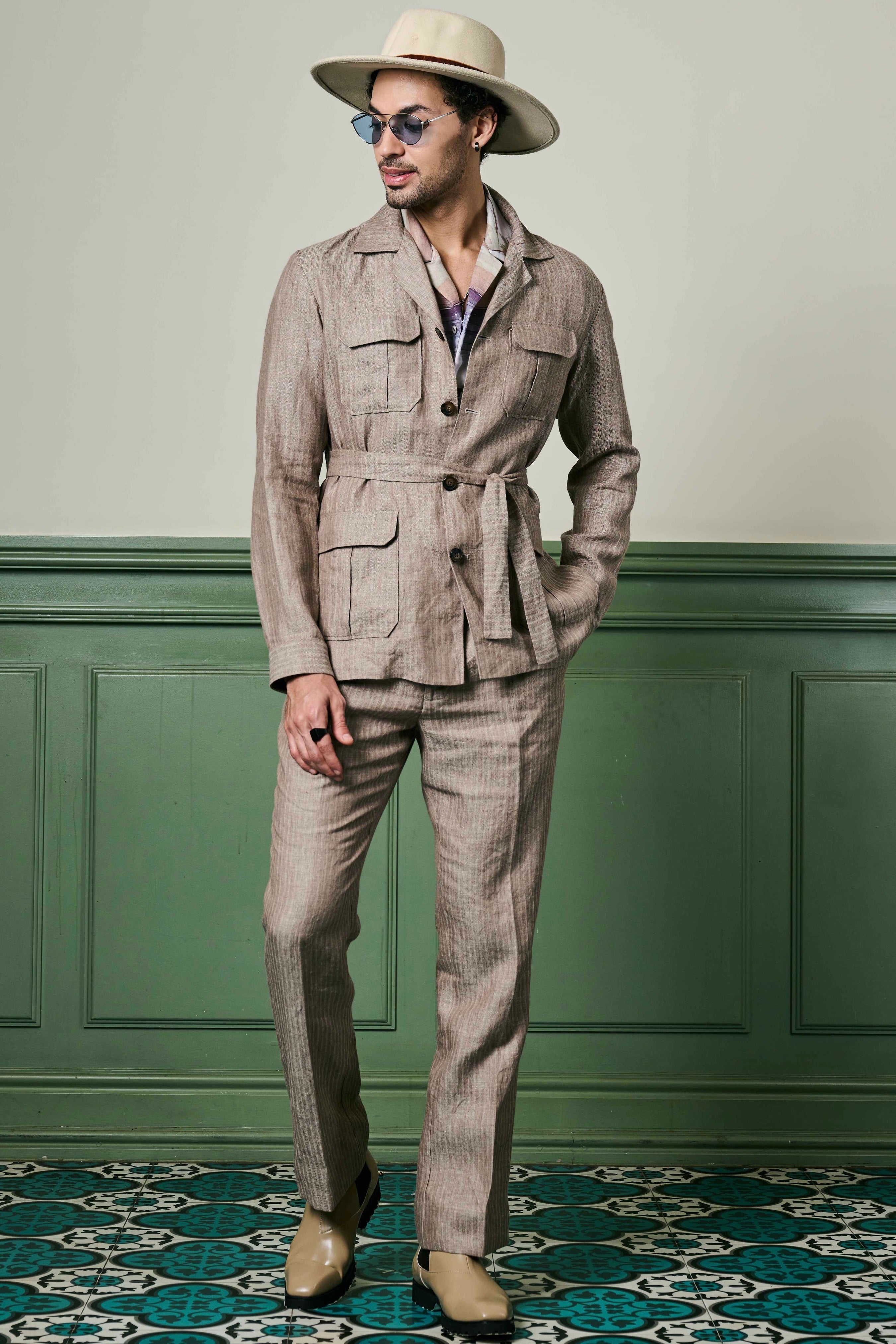 Herringbone Textured Linen Safari Suit
