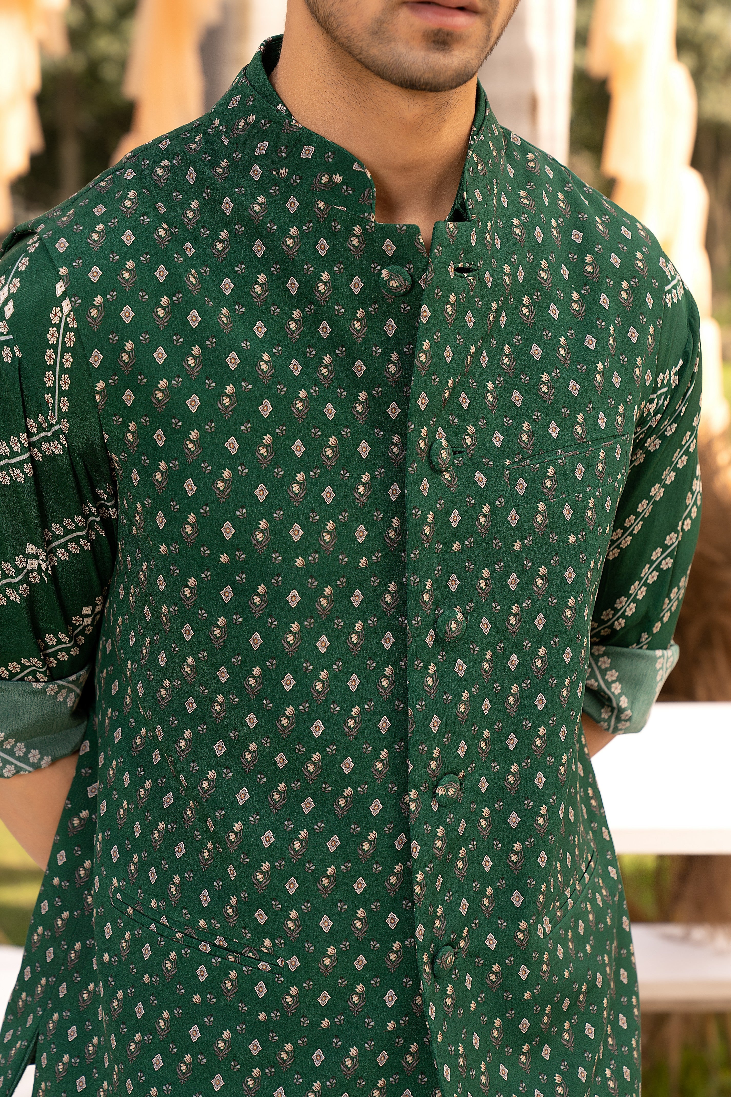 Bottle green printed bundi set