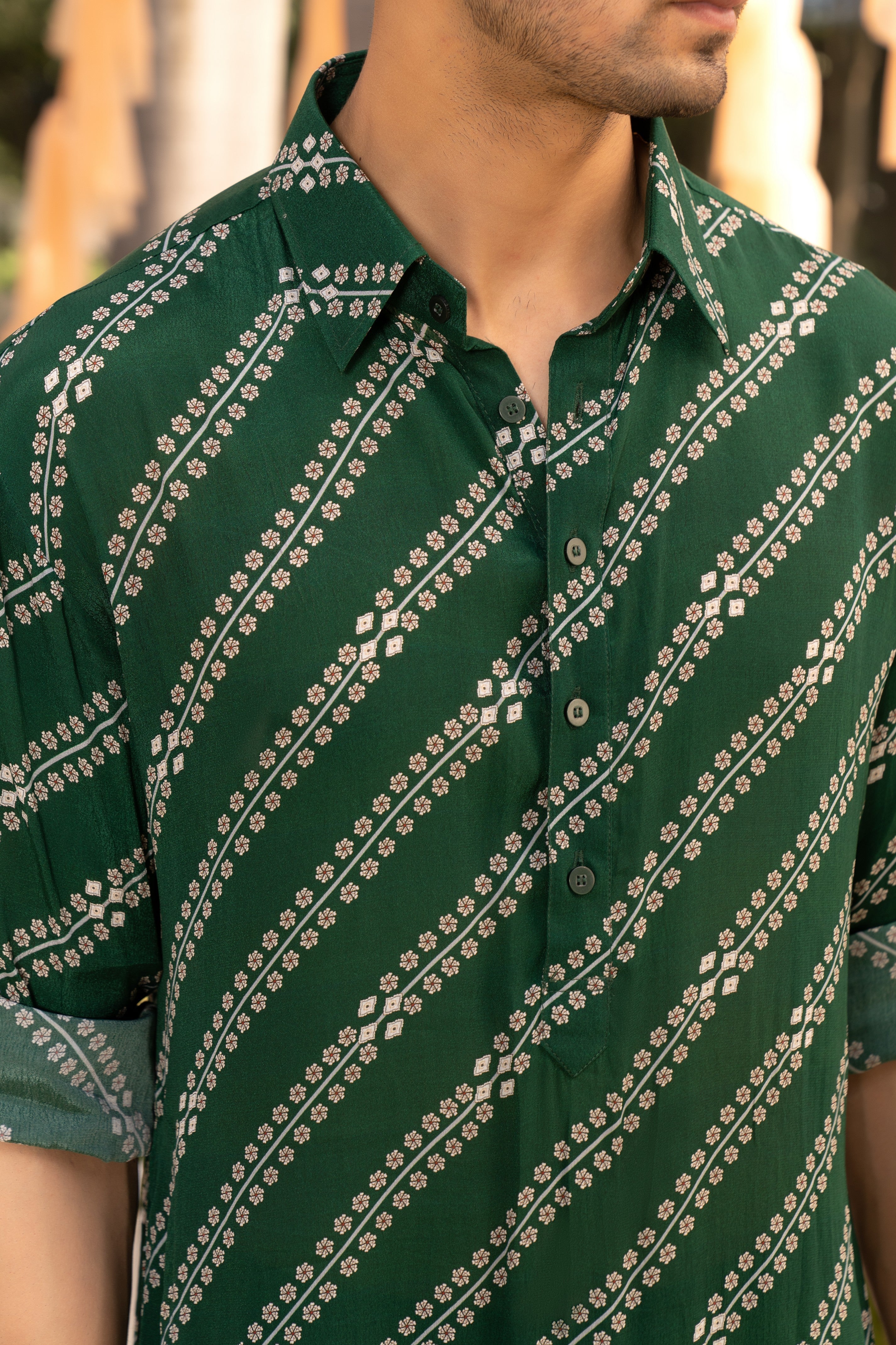 Bottle green printed kurta set