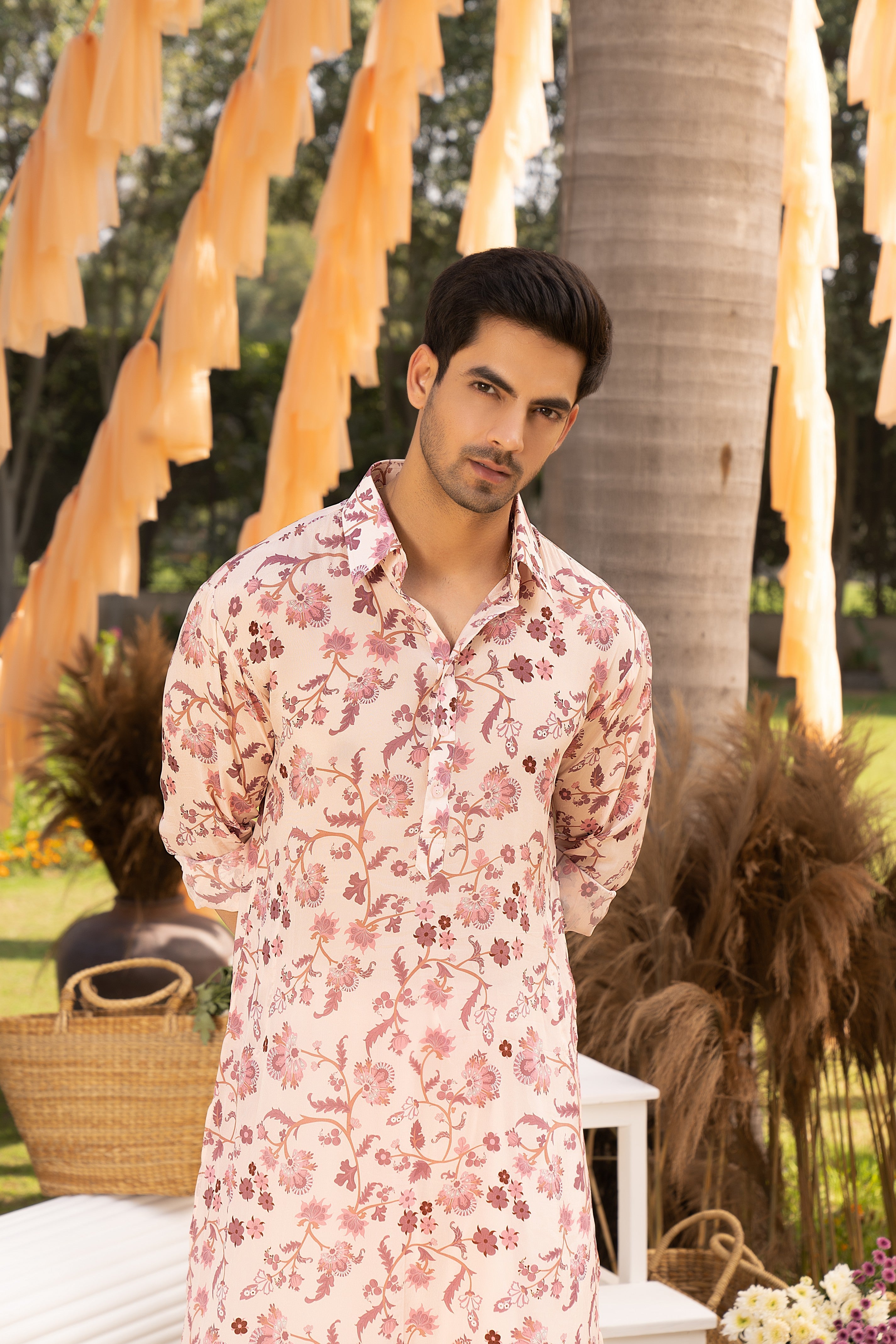 Nude pink floral printed kurta with salwar