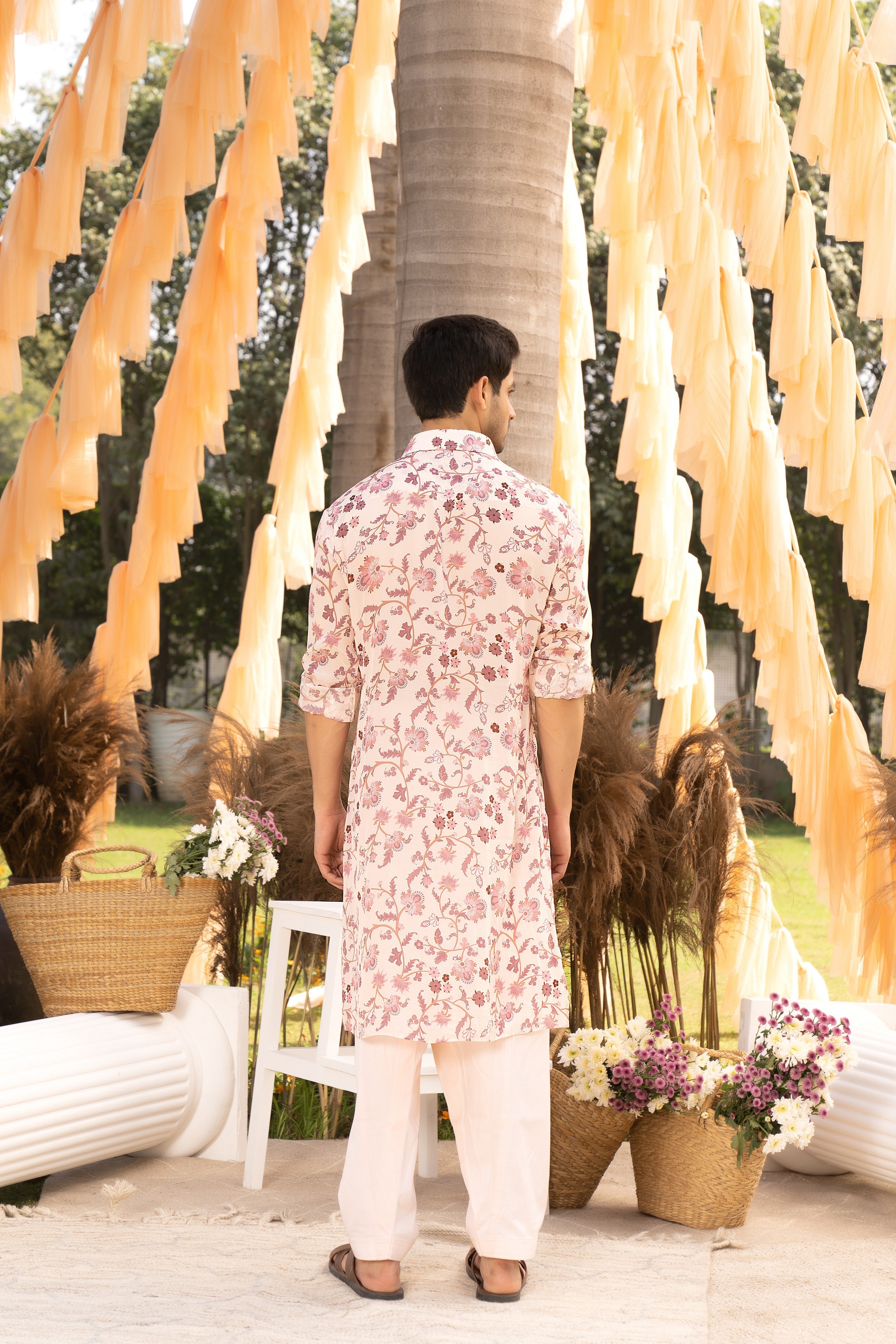 Nude pink floral printed kurta with salwar