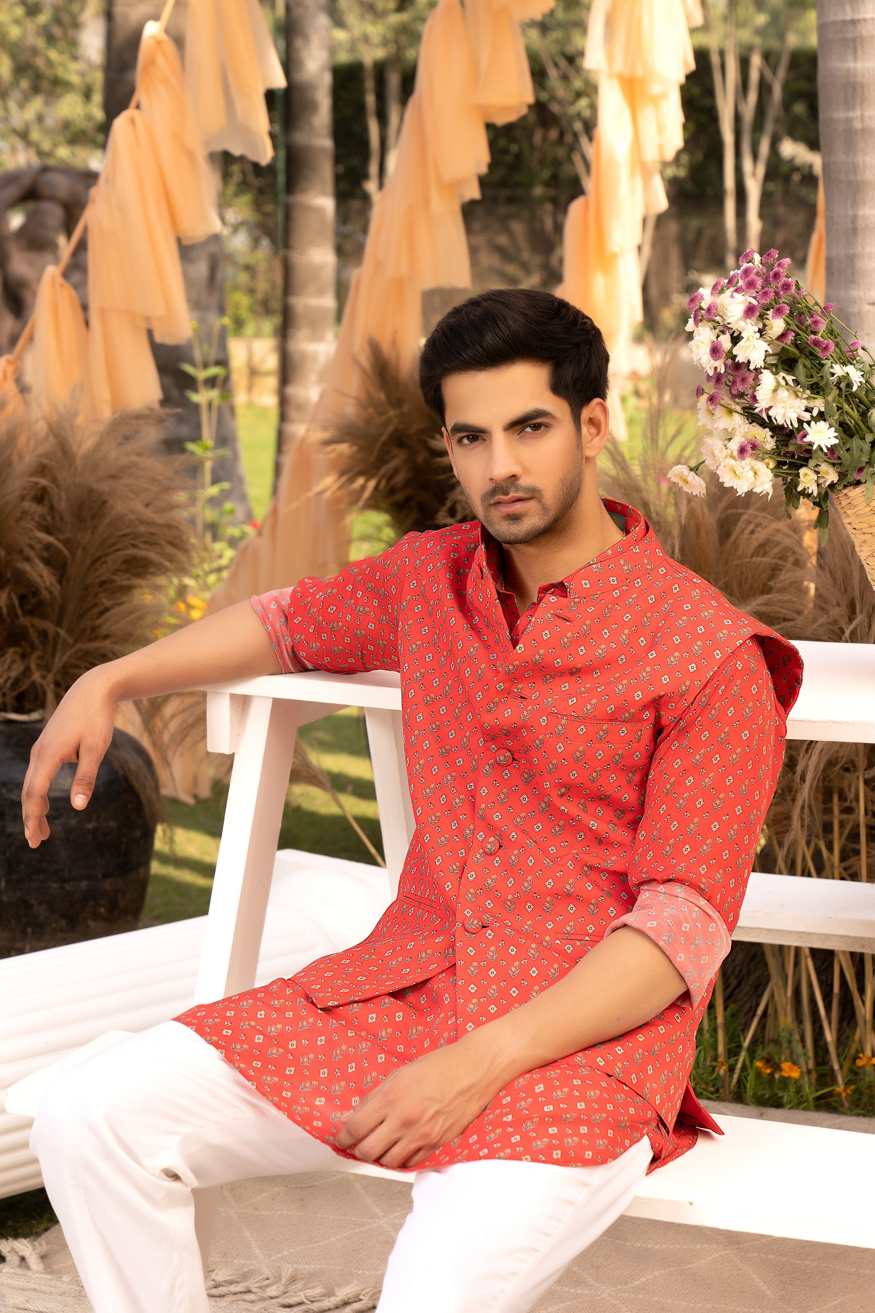 Red bootie printed kurta set