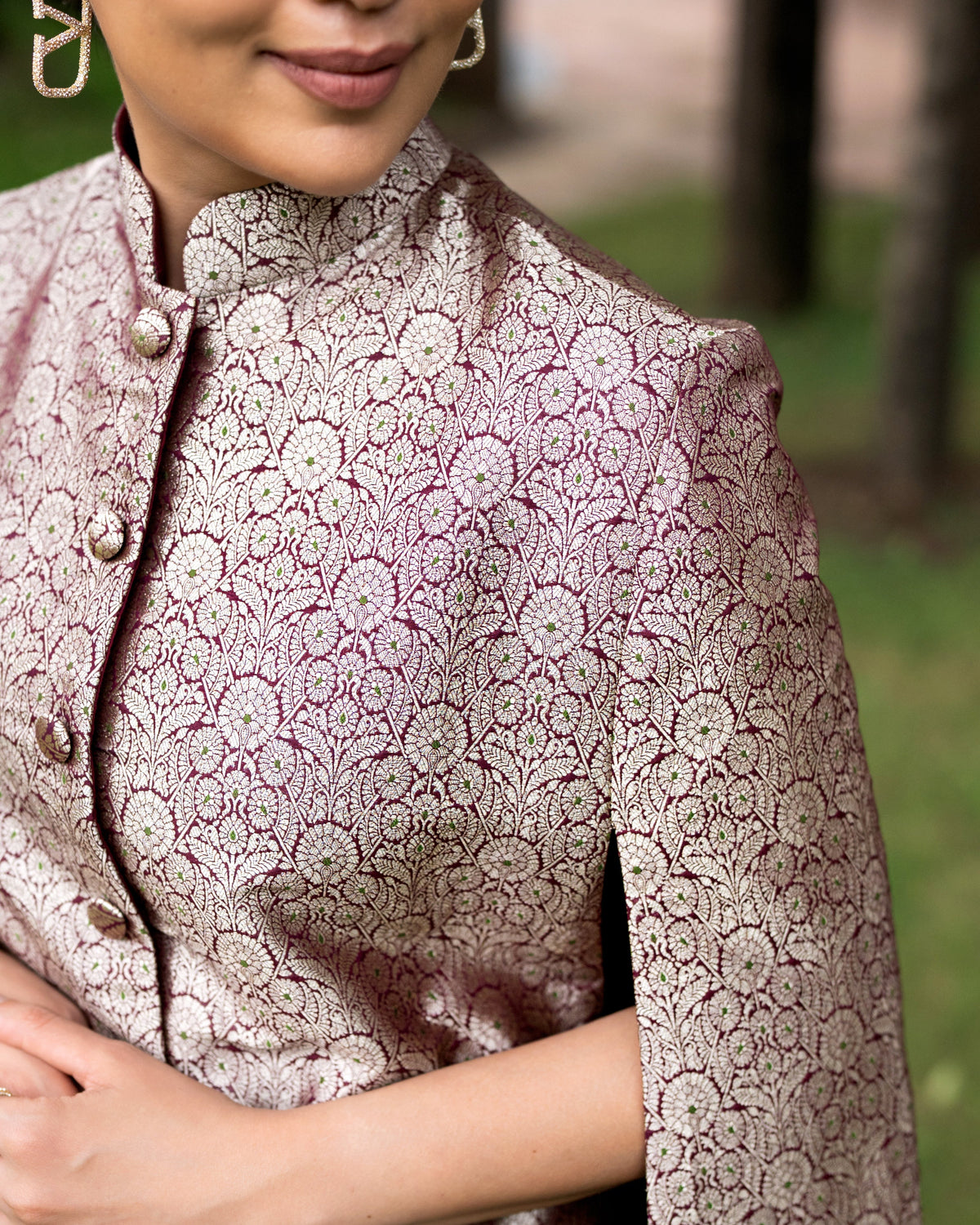 Ahilya Banarasi Cape: Women's Maroon Gold Floral Indowestern Wear