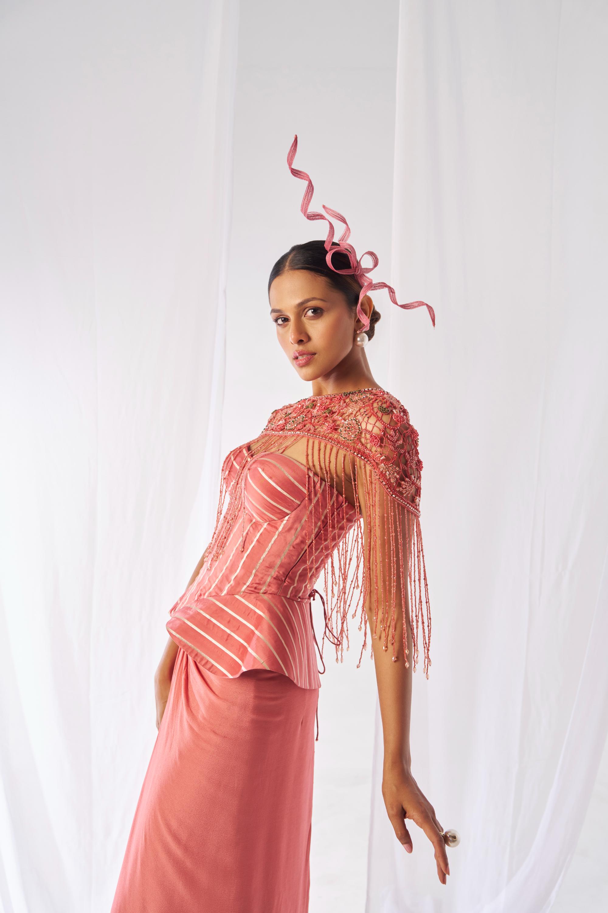 Prasanna- Draped skirt, cape and corset set