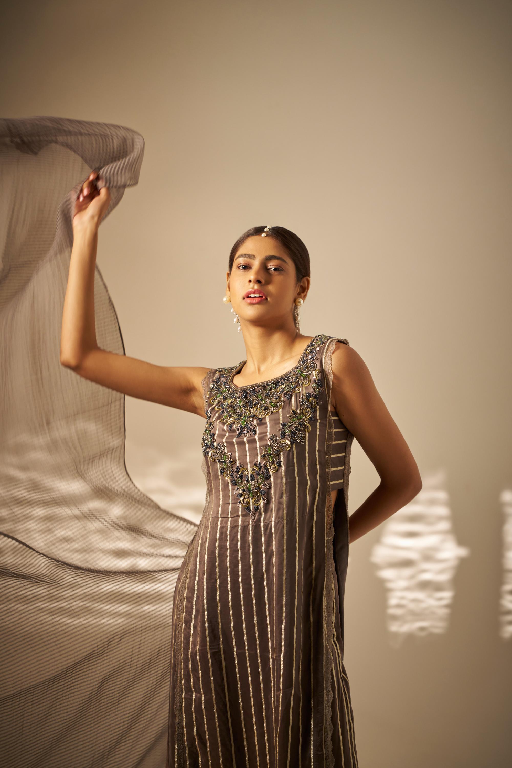 Tejasvini- Striped Embroidered Kurta Set