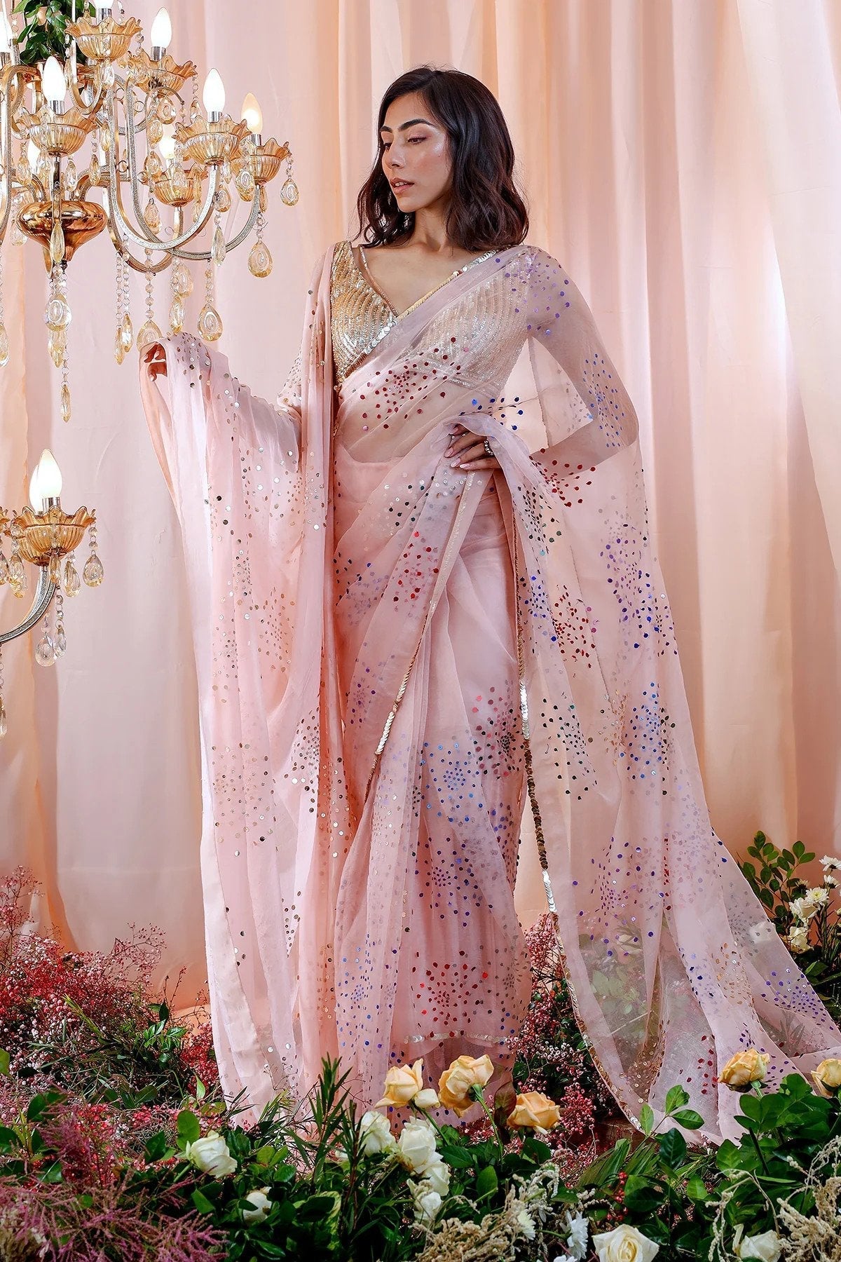 Hand Embroidered Saree And Drape Set