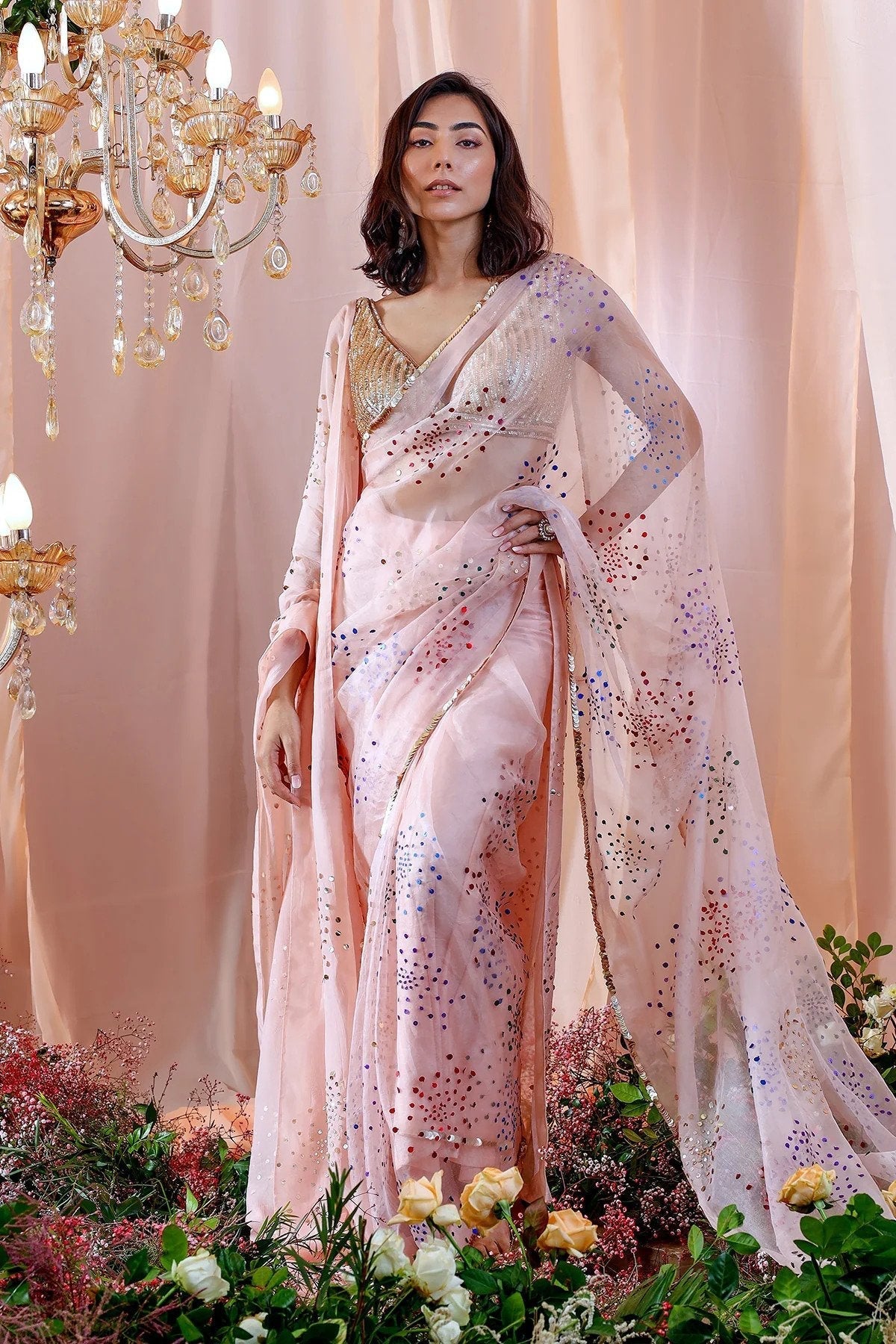 Hand Embroidered Saree And Drape Set