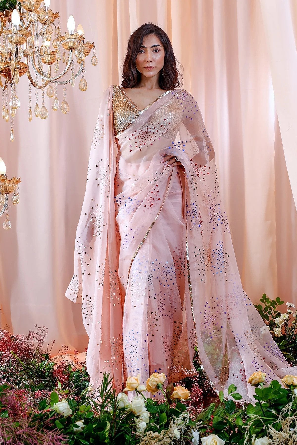 Hand Embroidered Saree And Drape Set