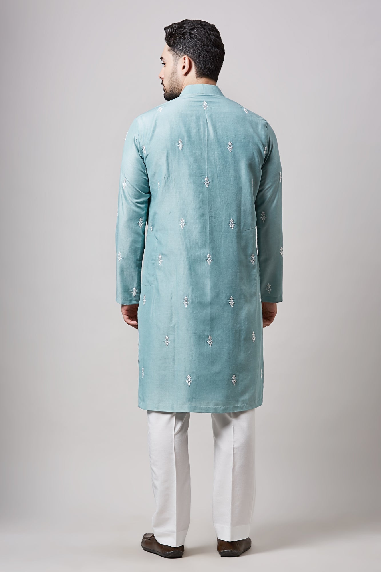 BLUE SOY SILK MACHINE EMBROIDERED  KURTA SET