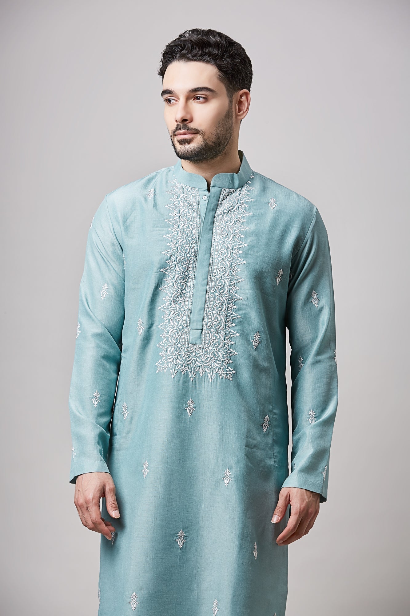 BLUE SOY SILK MACHINE EMBROIDERED  KURTA SET