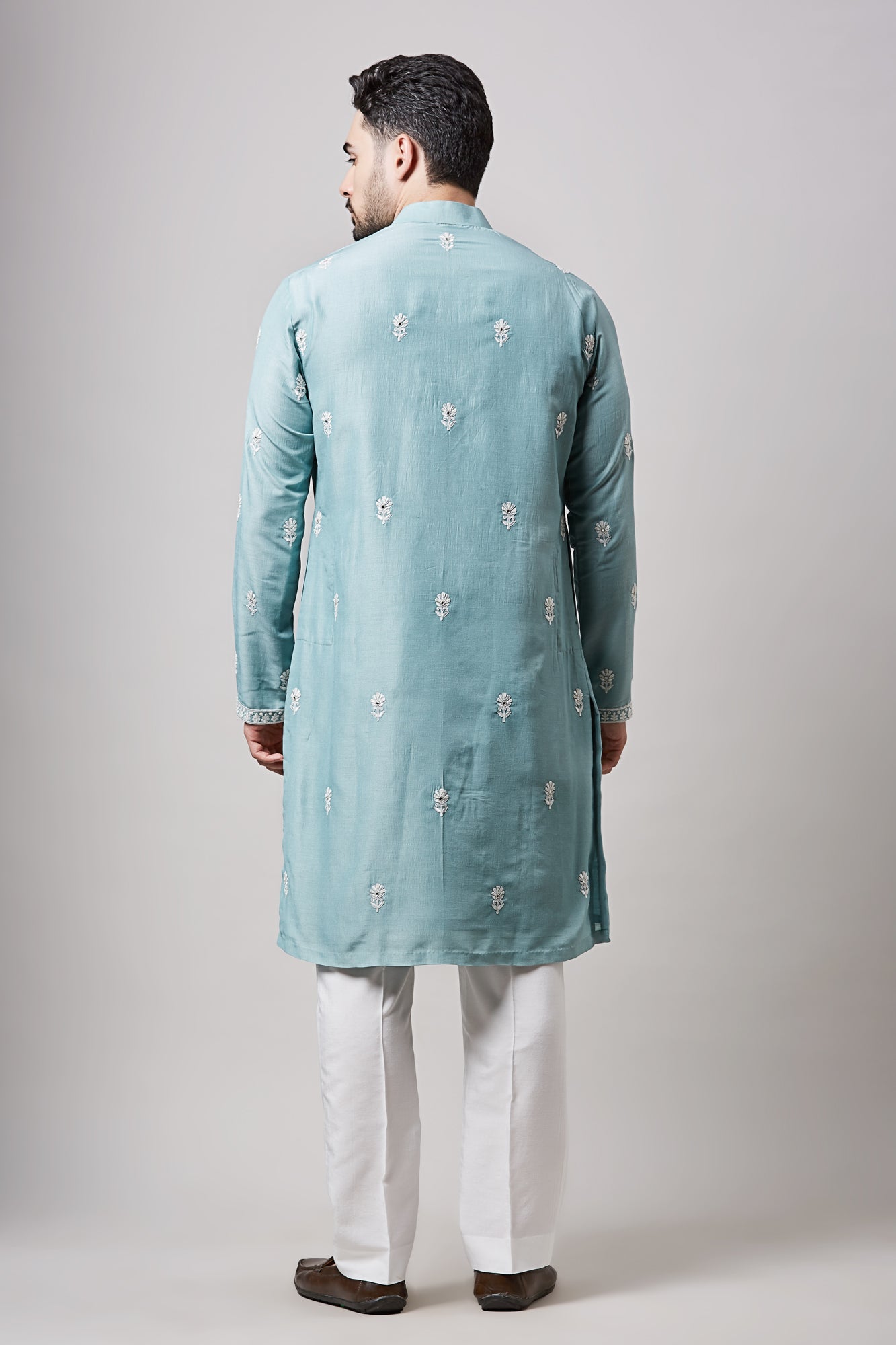 BLUE SOY SILK MIRROR WORK KURTA SET
