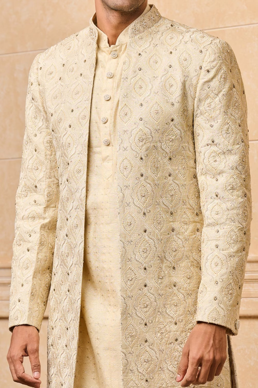Cream Embroidered Sherwani With Jacquard Kurta