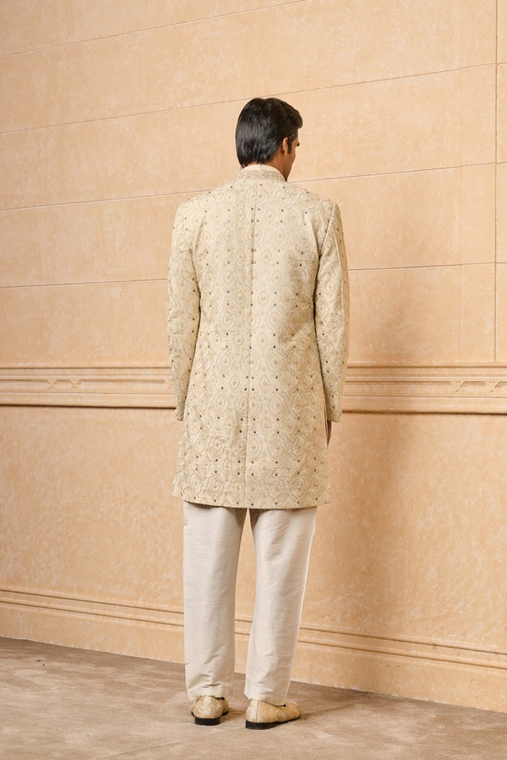 Cream Embroidered Sherwani With Jacquard Kurta